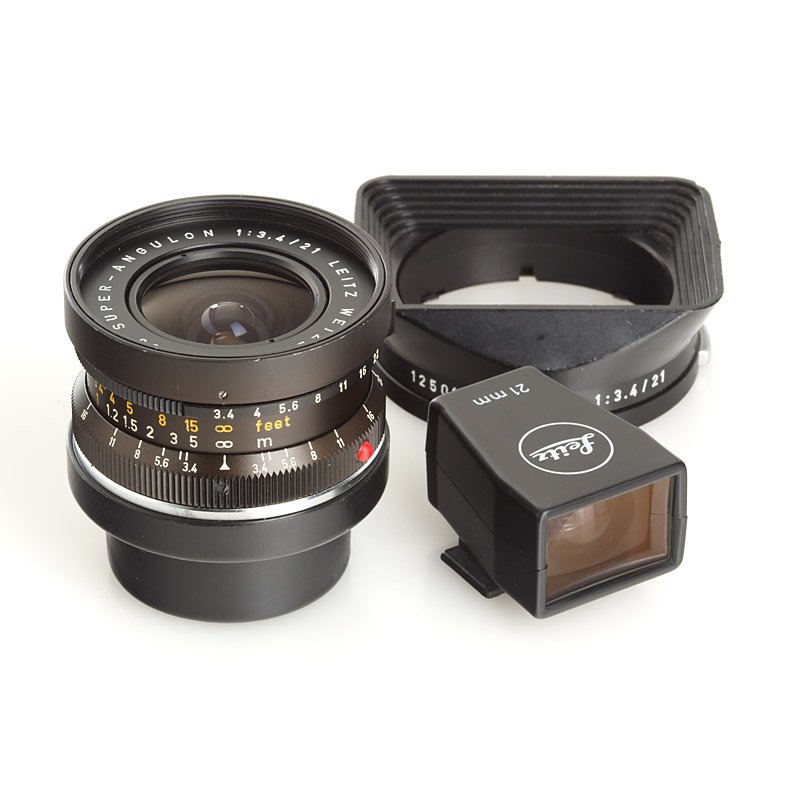 Super-Angulon 3.4/21mm Black, SN: 2417653, 1970: fine black Super-Angulon with good optics, caps, 12501 hood, 21mm BL plastic finder with clean lenses in case