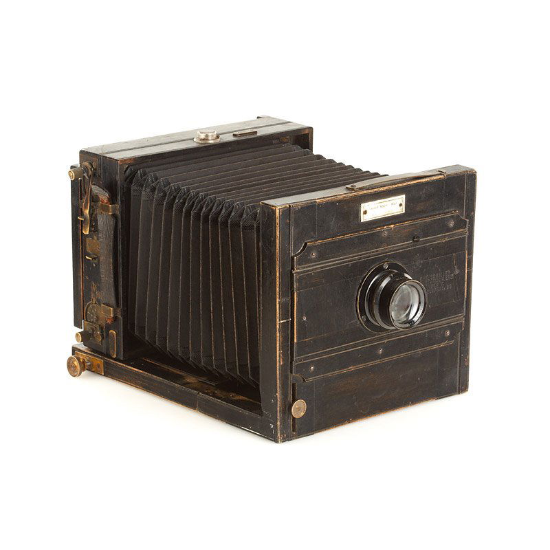 Christof Schaller Folding Camera, c.1895: 13x18cm, very rare black painted Viennese wooden camera with black bellows, focal plane shutter missing, black brass Steinheil Unofocal 5.4/18cm no.126823 (cap), maker's plaque and inscription 'Christ