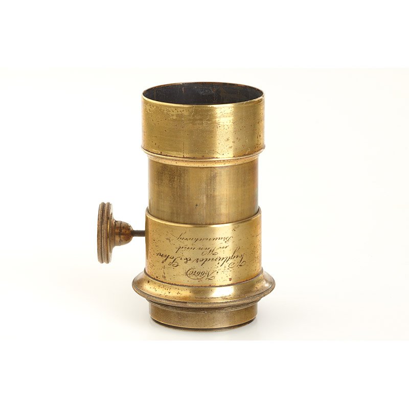 Voigtländer Petzval Lens, SN: 6670, c.1857: early Petzval lens, rack and pinion focusing, c.12cm focal length, lens diameter c.4cm, total height including hood c.11cm, barrel engraved 'Voigtländer & Sohn in Wien und Braunschweig' - the same ty