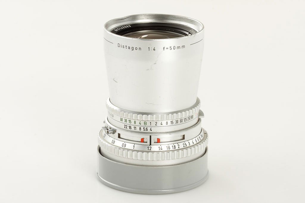 Carl Zeiss Distagon 4/50mm chrome, SN5143393, c.197: clean Distagon with a very small mark on front lens, dented filter ring, cap