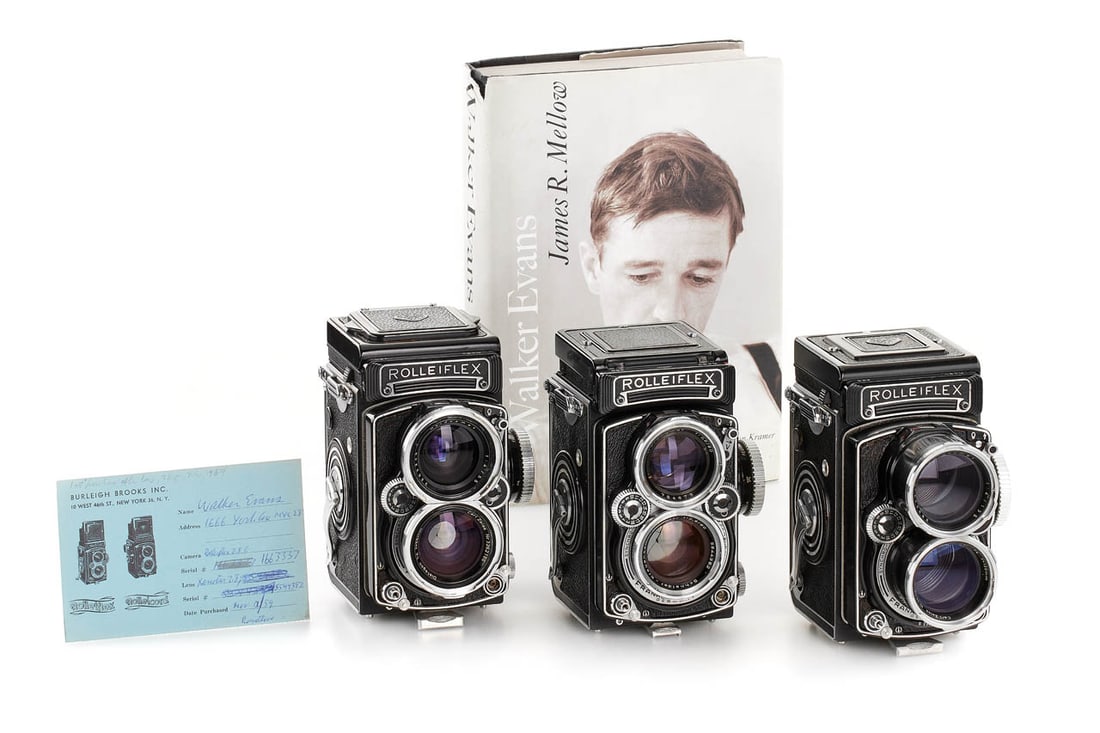 Walker Evans Rolleiflex outfit: Set of three Rolleiflex cameras, owned and used by the famous U.S. photographer Walker Evans. The outfit includes a Rolleiflex E no.1663337, a Tele-Rolleiflex no.S2302105 and Rolleiflex Wide no.W24911