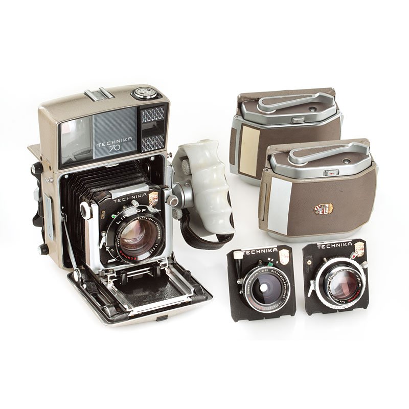 Linhof Technika 70 outfit, no. 1771131: one of the most successful classic Linhof cameras with 3 matching lenses with rangefinder cam: Xenotar 2.8/100mm no.11731314, Super-Angulon 8/65mm no.11778766, Tele-Arton 5.5/180mm no.11254295, 6x9 an