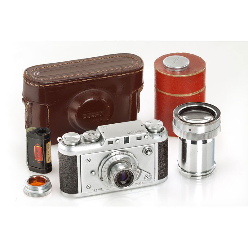 Ducati Sogno outfit, no. 08595: type OR 6401.1 in very fine cosmetic condition (slow speeds sticky), with Vitor 2.8/35mm no.33166, cap, everready case, spool, orange filter OF 2401.4 in keeper, including rare Lator 2.8/60mm no.34560