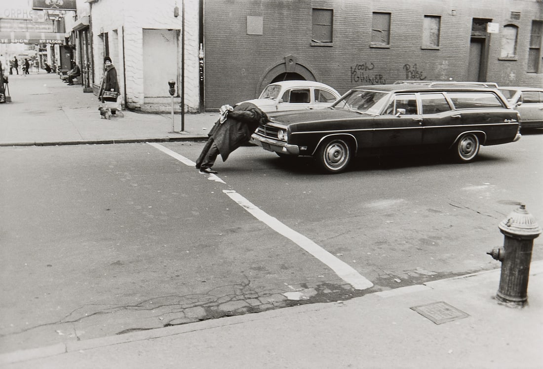 WILL McBRIDE (1931–2015) - Man against Car, New York East Village, 1970s: Gelatin silver print, printed in 2003 28 x 42,2 cm Signed, titled and dated by the photographer in pencil on the reverse
