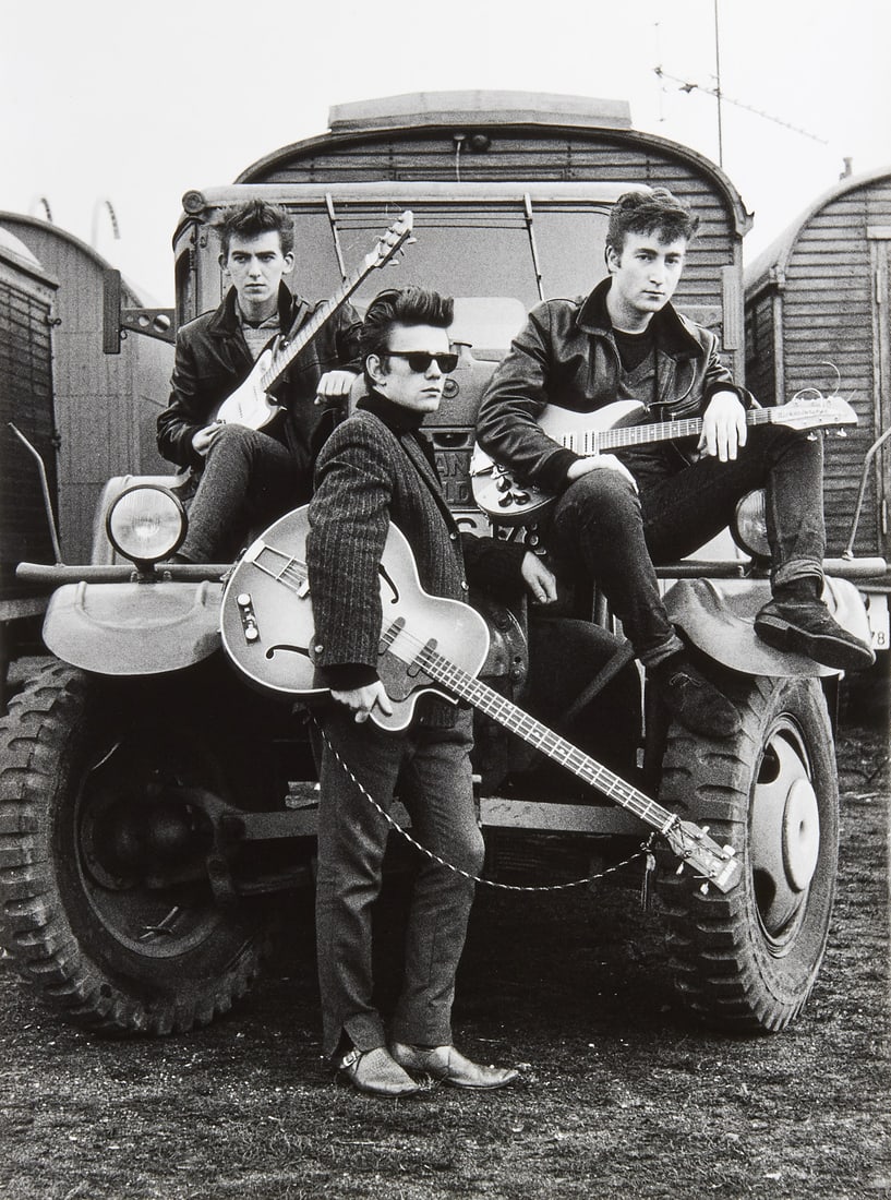ASTRID KIRCHHERR (1938–2020) - John Lennon, George Harrison and Stuart Sutcliffe, Germany 1960: Gelatin silver print, printed later 39,8 x 29,8 cm Signed by the photographer in pencil on the reverse
