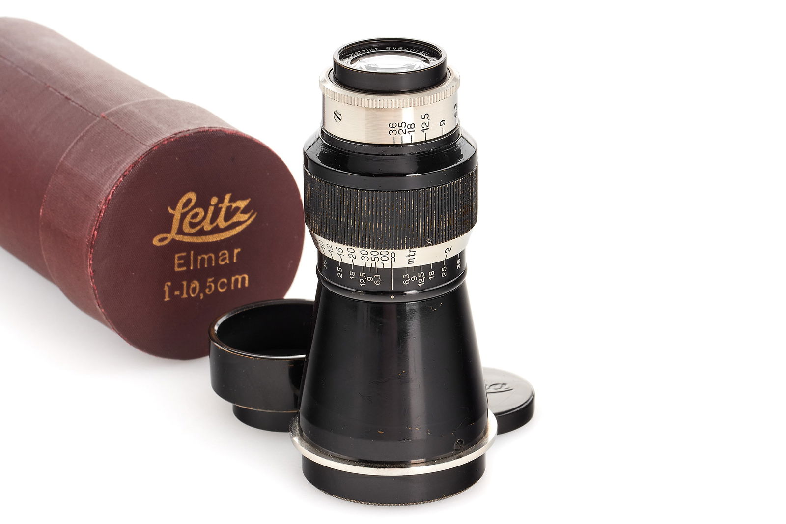 Elmar 6.3/10.5cm black/nickel *: Rare and early, one of the first 'Mountain Elmar' ELZEN in black/nickel finish ever made (production starts with 107891), with meter scale, in almost mint condition, clean and clear optics, delivered