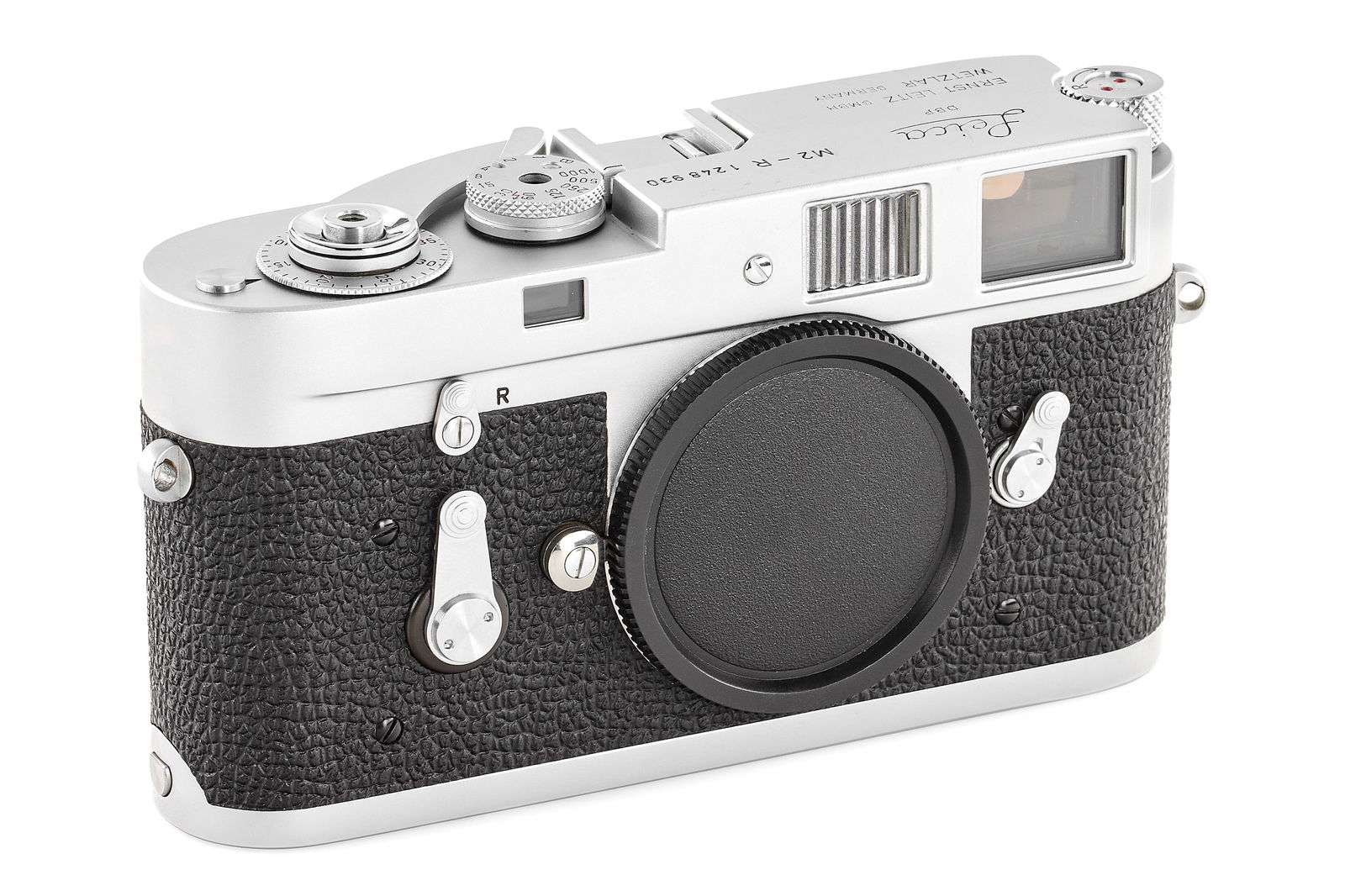 Leica M2-R: Rare version based on a Leica M2 with a self-timer and the quick loading system inherited from the Leica M4, in very good, original condition and working order, with only a few scratches on the bottom