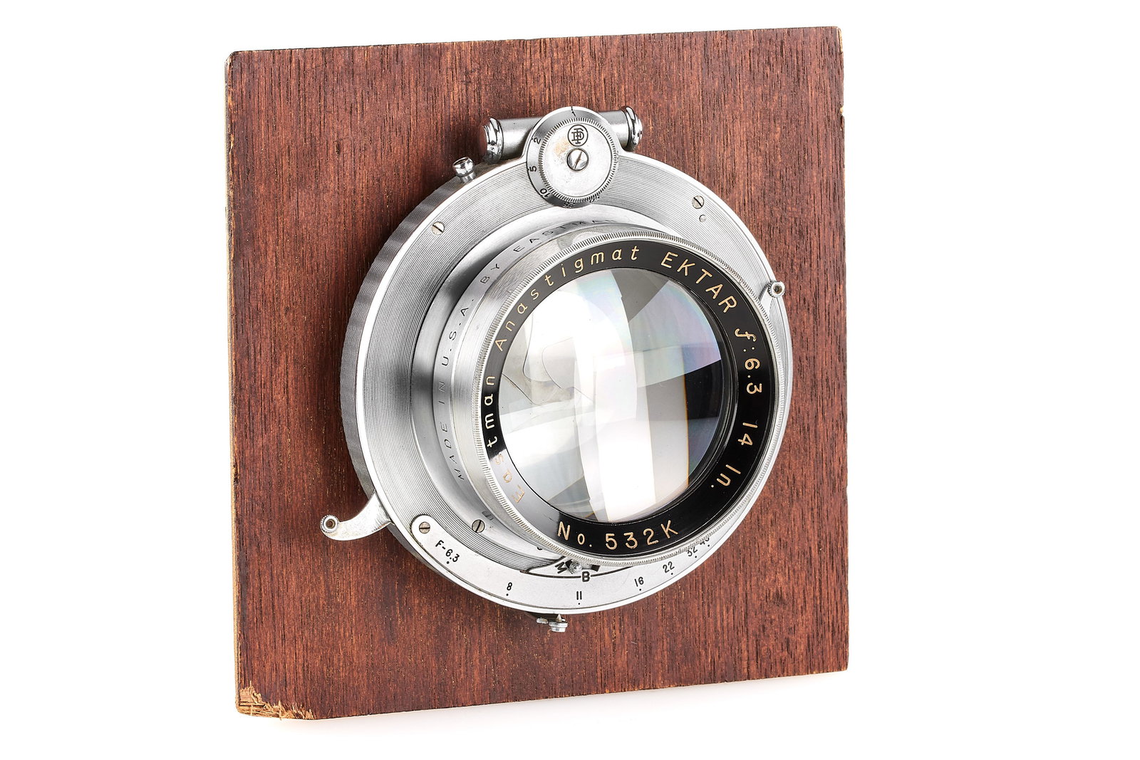 Eastman Anastigmat Ektar 6.3/14": Very interesting unusual Kodak lens, forerunner of the famous Commercial Ektar, mounted in chrome Compound shutter, covering 8x10", in very good condition and working order, clean and clear optics, wi