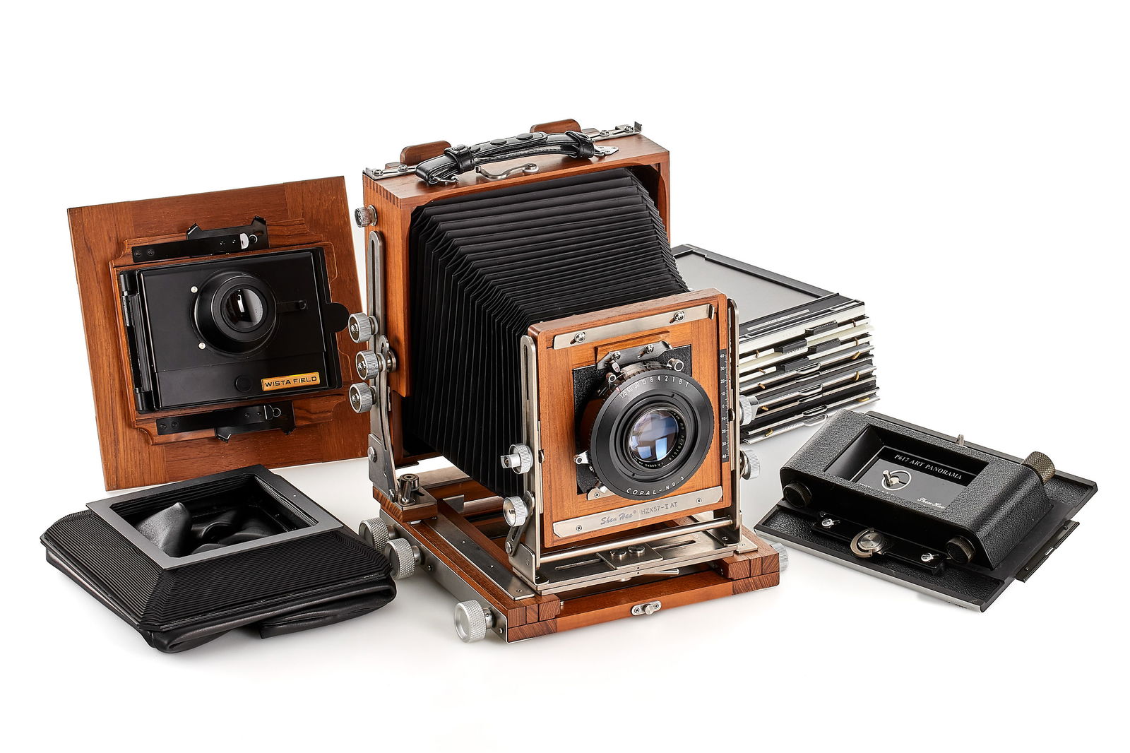 Shen Hao HZX57-II AT with Goerz Apochromat Artar 9/14": Very nice large format field camera for up to 5x7", in mint condition, including ground glass for 5x7", Wista Field ground glass back for 4x5", extra standard bellows, extra leather bellows, P617 6x17