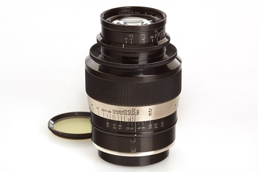 Elmar 'Fat' 4/9cm, ser.no.96759, 1932: early black/nickel Elmar in almost new condition, clean lenses, rear cap, early screw-in yellow filter 0
