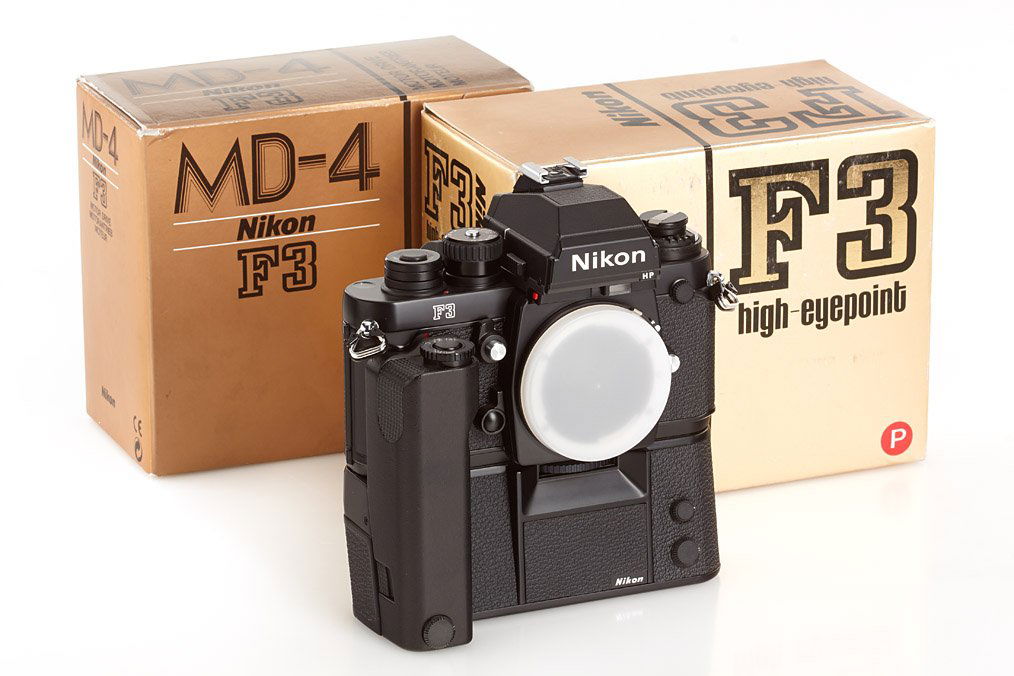 Nikon F3 Press, ser.no.9004589, 1988: new "professional" F3 with HP finder and MD-4 motor drive no.462857, complete with all papers in original maker's boxes