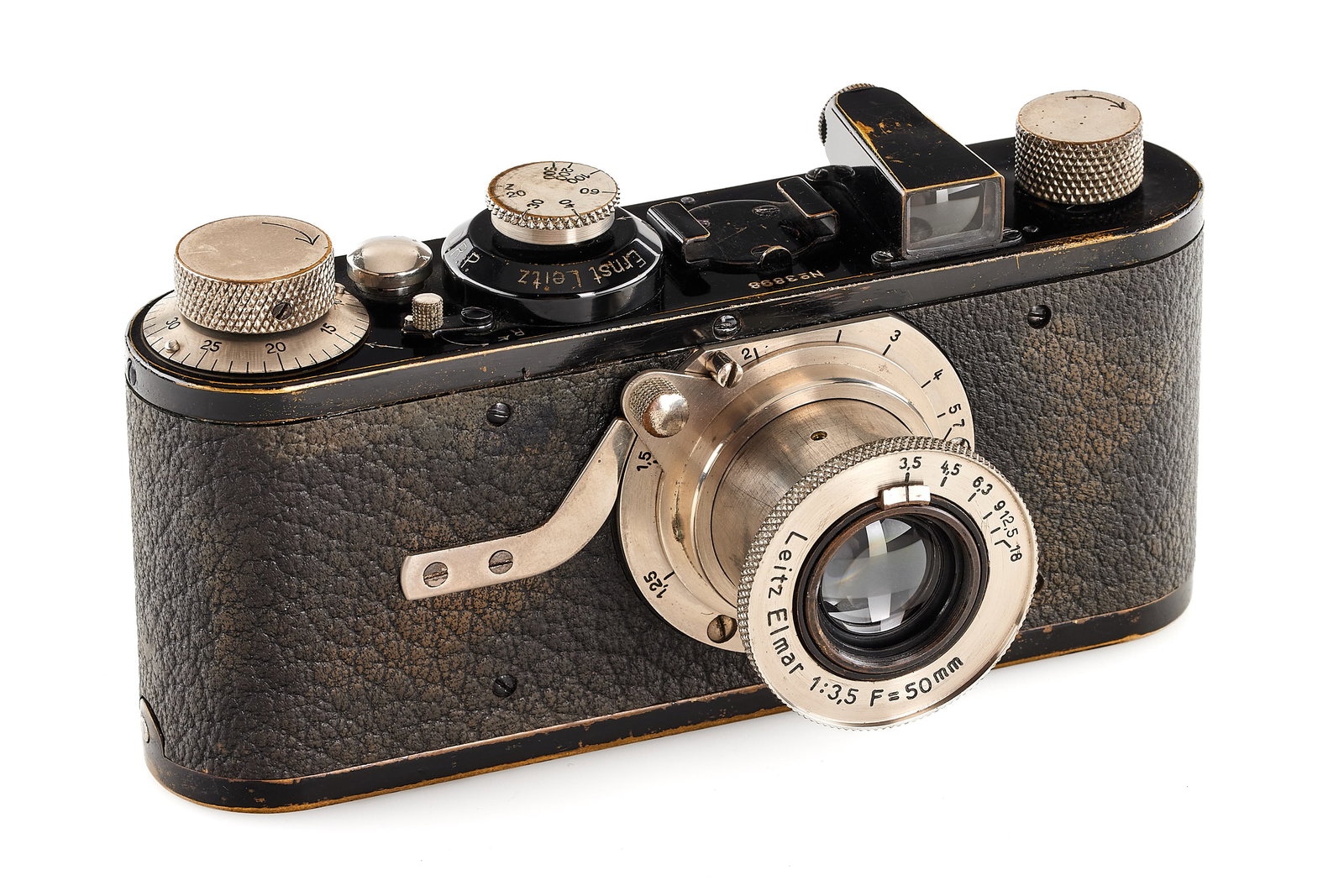 Leica I Mod. A Elmar: Very early 2nd version Leica I Mod. A in very good condition, delivered to retailer Tauber in Wiesbaden, Germany on 15.07.1927, in meter scale, note the 'mushroom' style shutter release button (not
