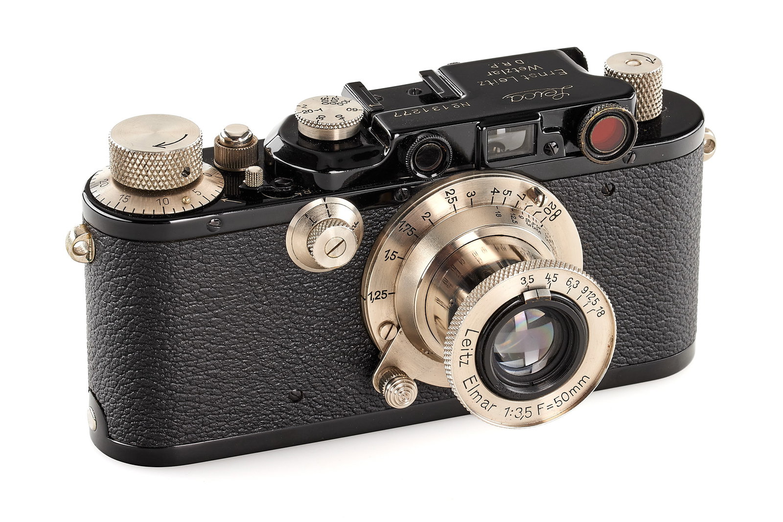 Leica III Mod. F black/nickel: Beautiful black/nickel version in outstanding condition, with matching nickel Elmar 3.5/50mm no.201273, with black painted front lens cap, rare ORAKO black snap-on orange filter for rangefinder and le
