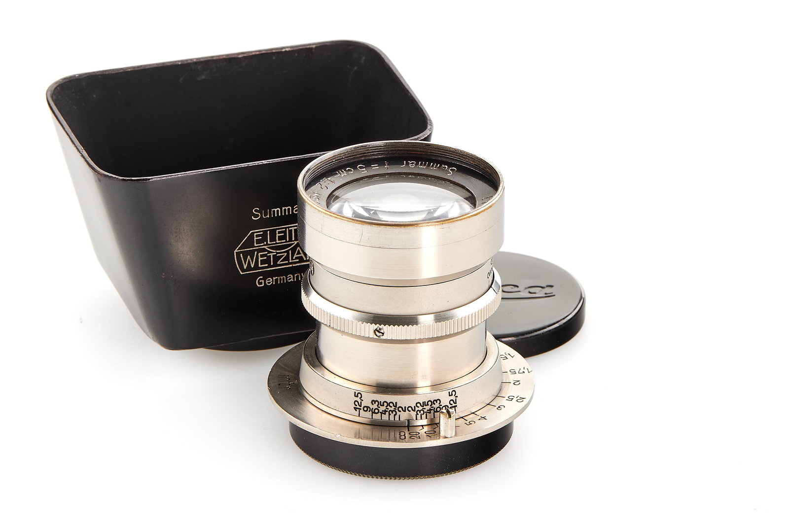 Summar 2/5cm nickel rigid: Beautiful rare early rigid Summar, in very good condition, optics showing a few chips inside (painted in black to avoid undesired reflection) and marks on the front element, with SOOMP hood, both