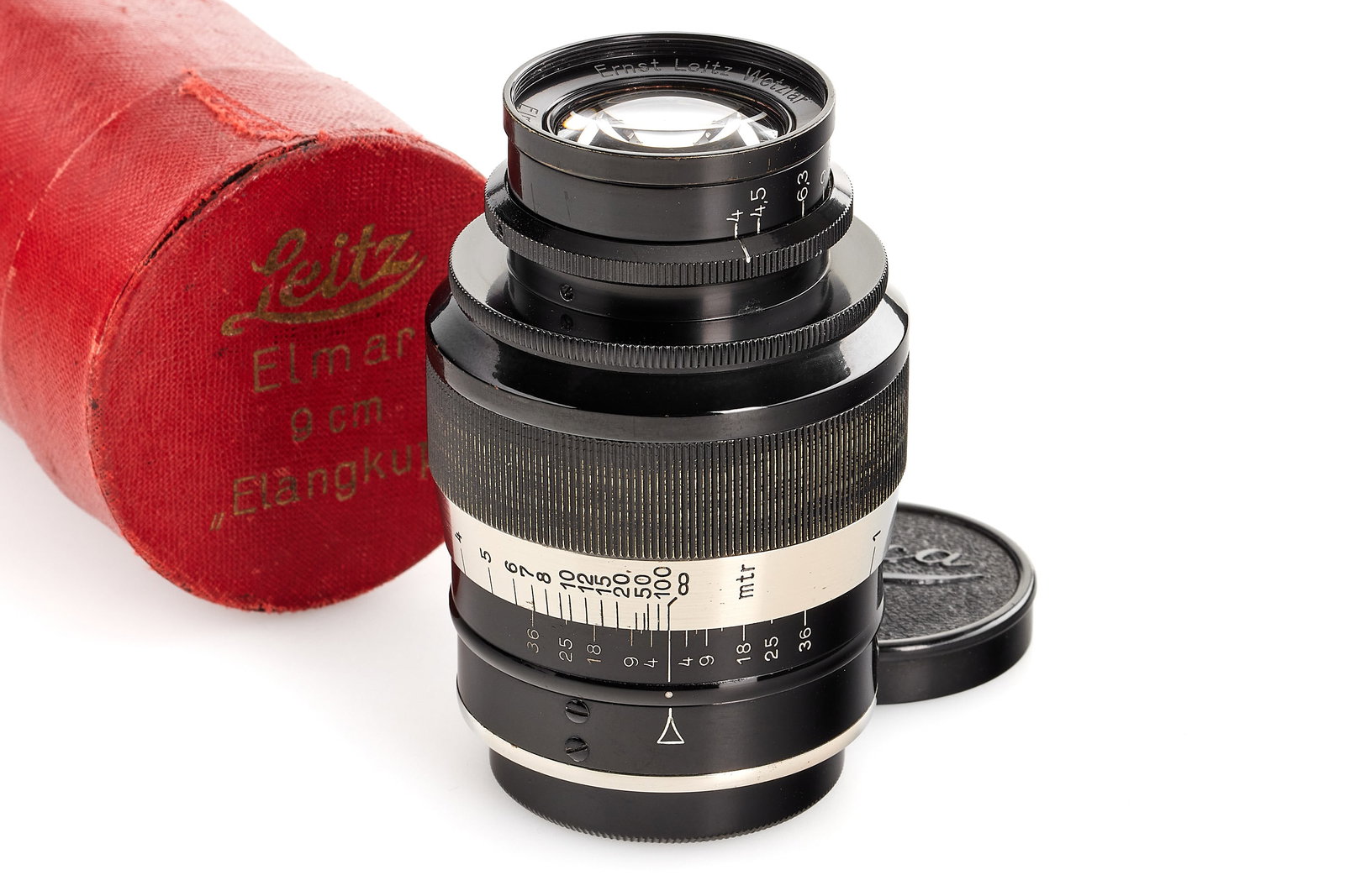 Elmar 4/9cm 'Fat' Double Delivery: An interesting 9cm Elmar engraved with the letter 'a' after the serial number, marking a duplicate serial number, in almost mint condition, optics with some spots of corrosion on the front element and