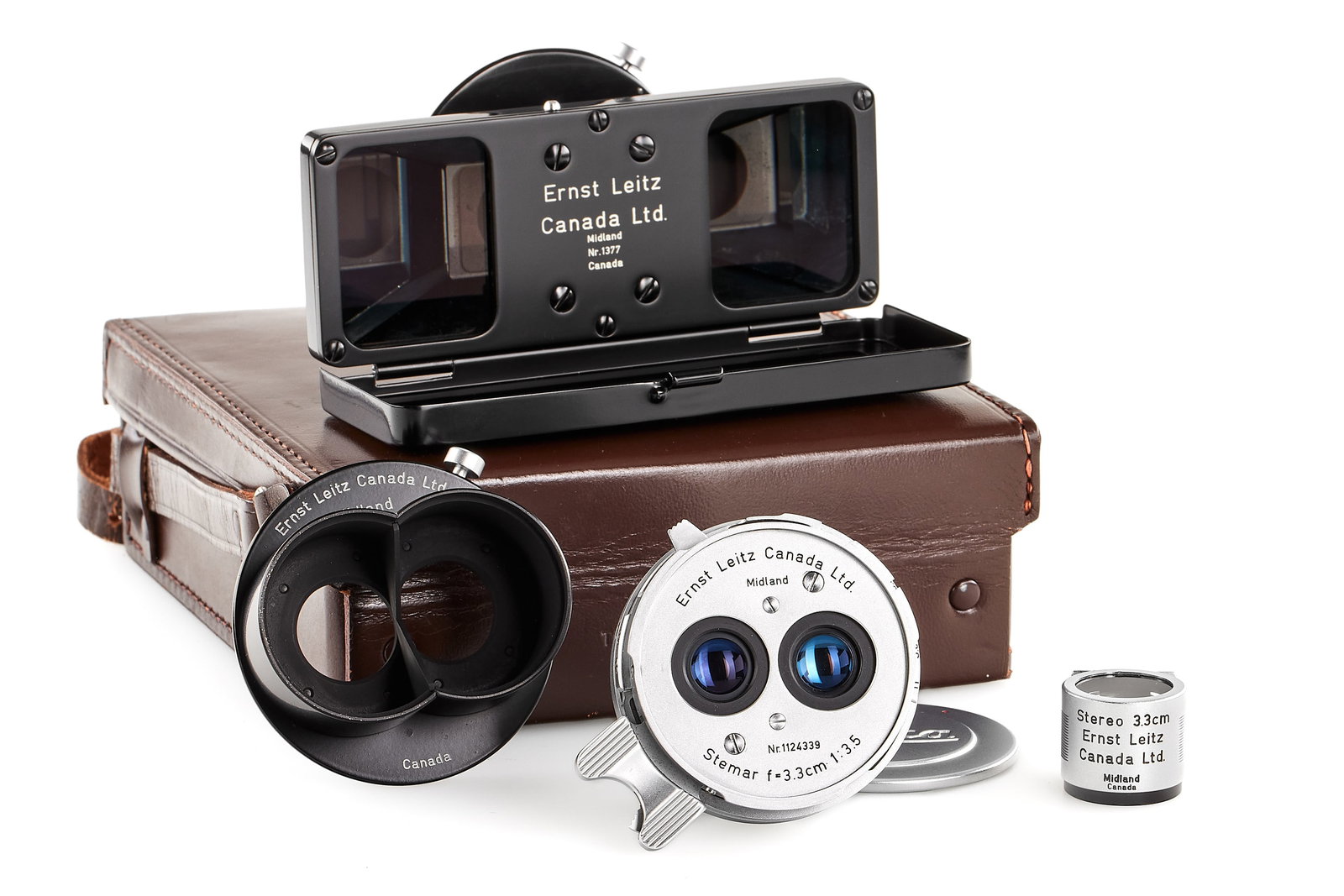 Stemar Midland 3.3/3.5cm outfit *: Very rare interesting Canadian made Stemar, originally with M39 screw-mount, here with unusual M-adapter (engraved with '5242') secured by a side screw, a similar lens no.1124393 is pictured in James