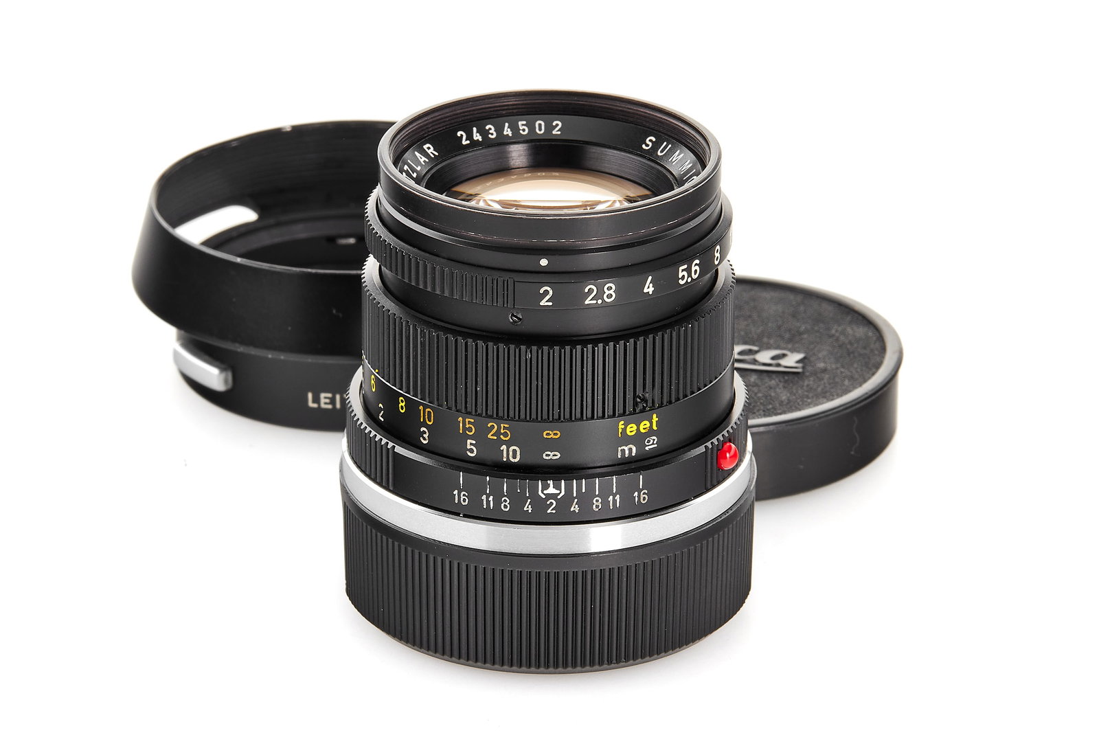 Summicron 2/50mm 11817 black paint ring *: An extremely rare Summicron 11817 with aperture ring finished in black paint, in beautiful, near-mint condition, good optics with minimal cleaning marks and light signs of separation, with hood 12585