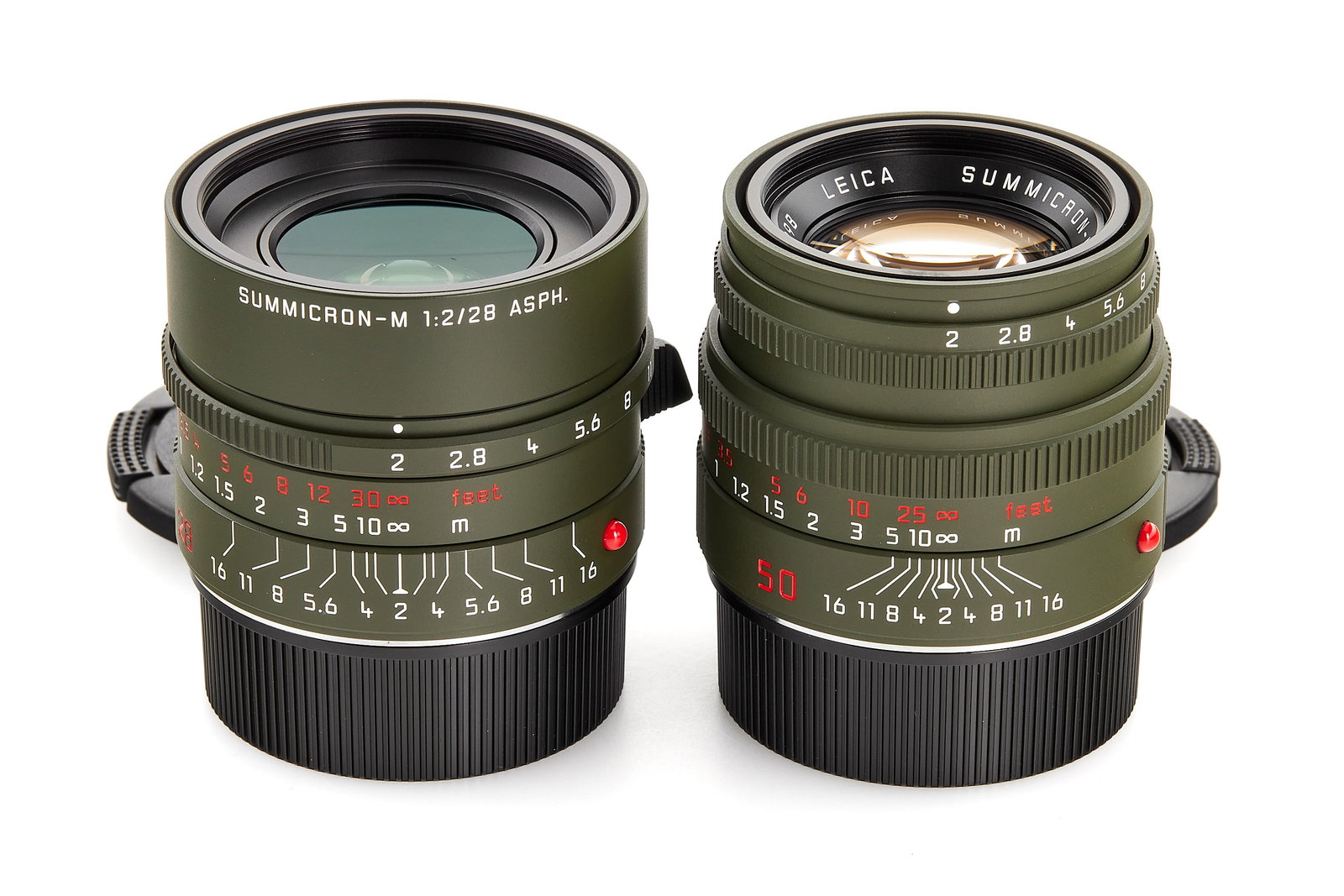 Leica M Safari 28/50mm lenses set *: Beautiful set of 2 lenses in olive green "Safari" finish limited to 500 pieces each, including the Summicron-M 11704 2/28mm Asph. Safari no.4791337, and Summicron-M 11824 2/50mm Safari no.4758098, bot