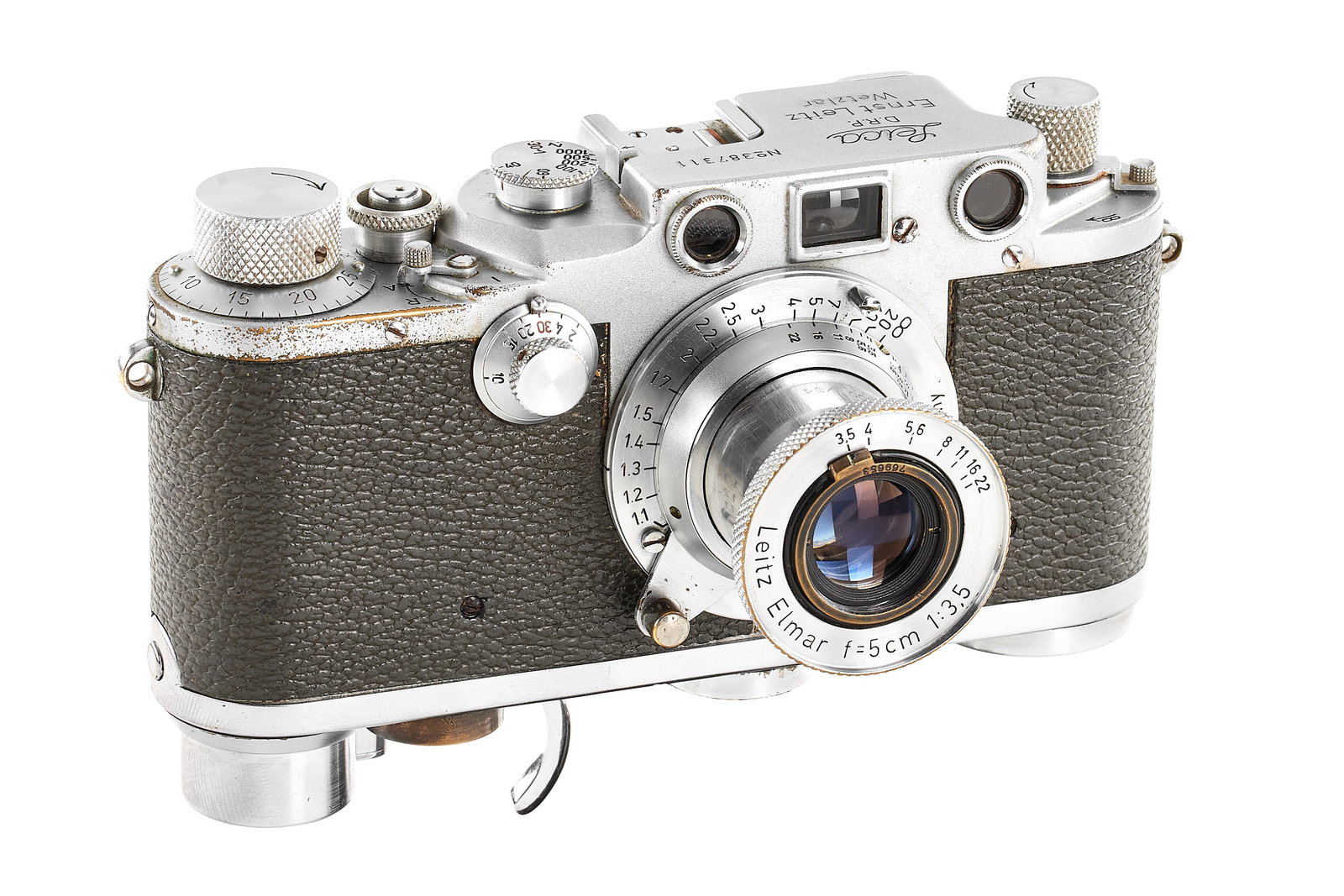 Leica IIIc chrome 'Luftwaffen-Eigentum': Interesting Leica IIIc chrome delivered to the German Air Force during WWII, note both original ' Luftwaffen-Eigentum' and contract number engravings have been defaced on rear and on top plate, then p