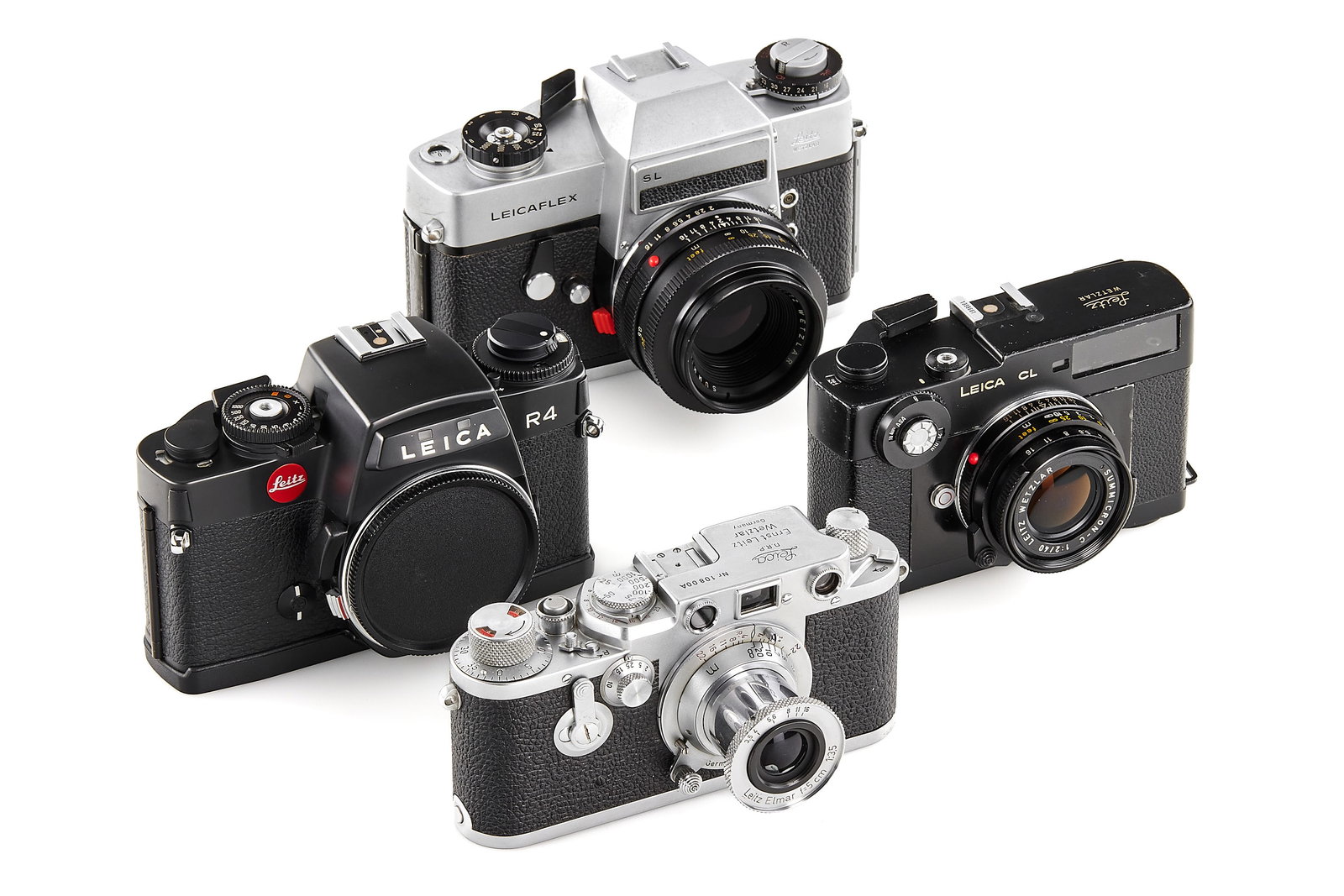 Leica Dummies set: Interesting selection of original Leica dummies, consisting in a IIIf "Attrappe" no.10800A with unnumbered dummy Elmar 3.5/5cm, an unnumbered dummy Leicaflex SL chrom with dummy Summicron-R 2/50mm, a 