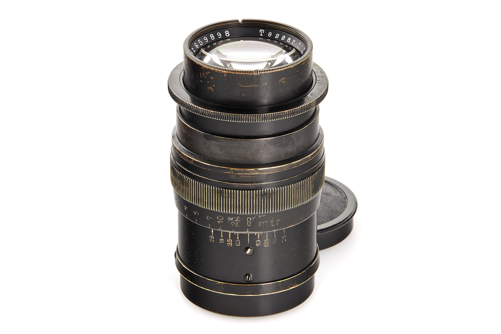 Carl Zeiss Jena f. Leica M39 Tessar 2.7/8cm: An interesting Tessar portrait lens in a very well-made RF coupled mount - most probably an early conversion to use with Leica. All black finish with meter scale, in good condition, optics only showin