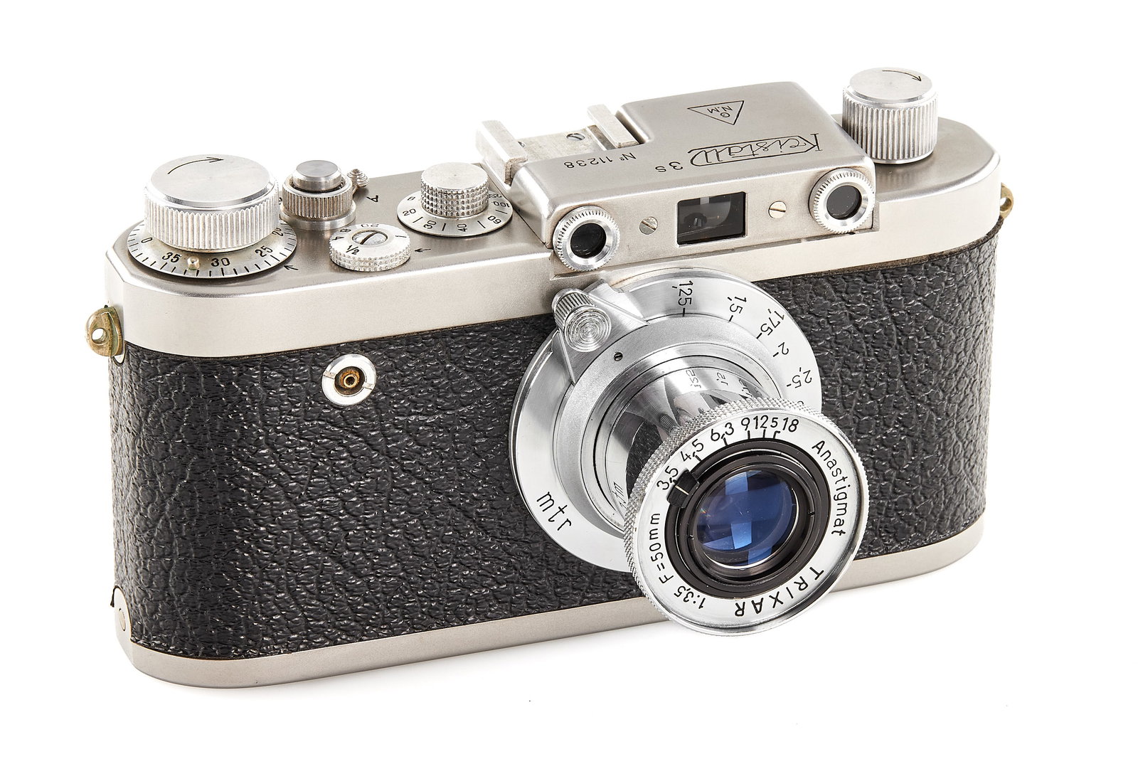 Chinaglia Kristall 3s *: Very rare and beautiful Italian Leica copy, first version with 2-parts top housing, N.G.M. logo on top, with Trixar Anastigmat 3.5/50mm lens (optics with cleaning marks), in almost mint cosmetic condi