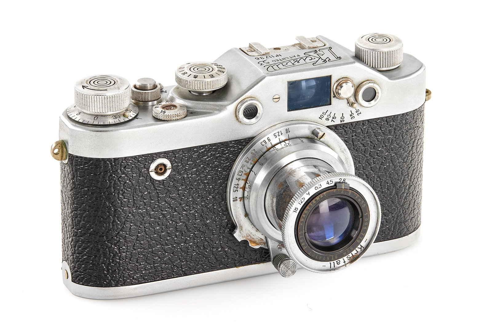 Chinaglia Kristall 53 with Som Berthiot Anastigmat 2.8/50mm: Very rare Italian rangefinder Leica copy with frames from 28mm to 105mm, in very good cosmetic condition (some light signs of corrosion), together with rare Som Berthiot Anastigmat 2.8/50mm no.1991779