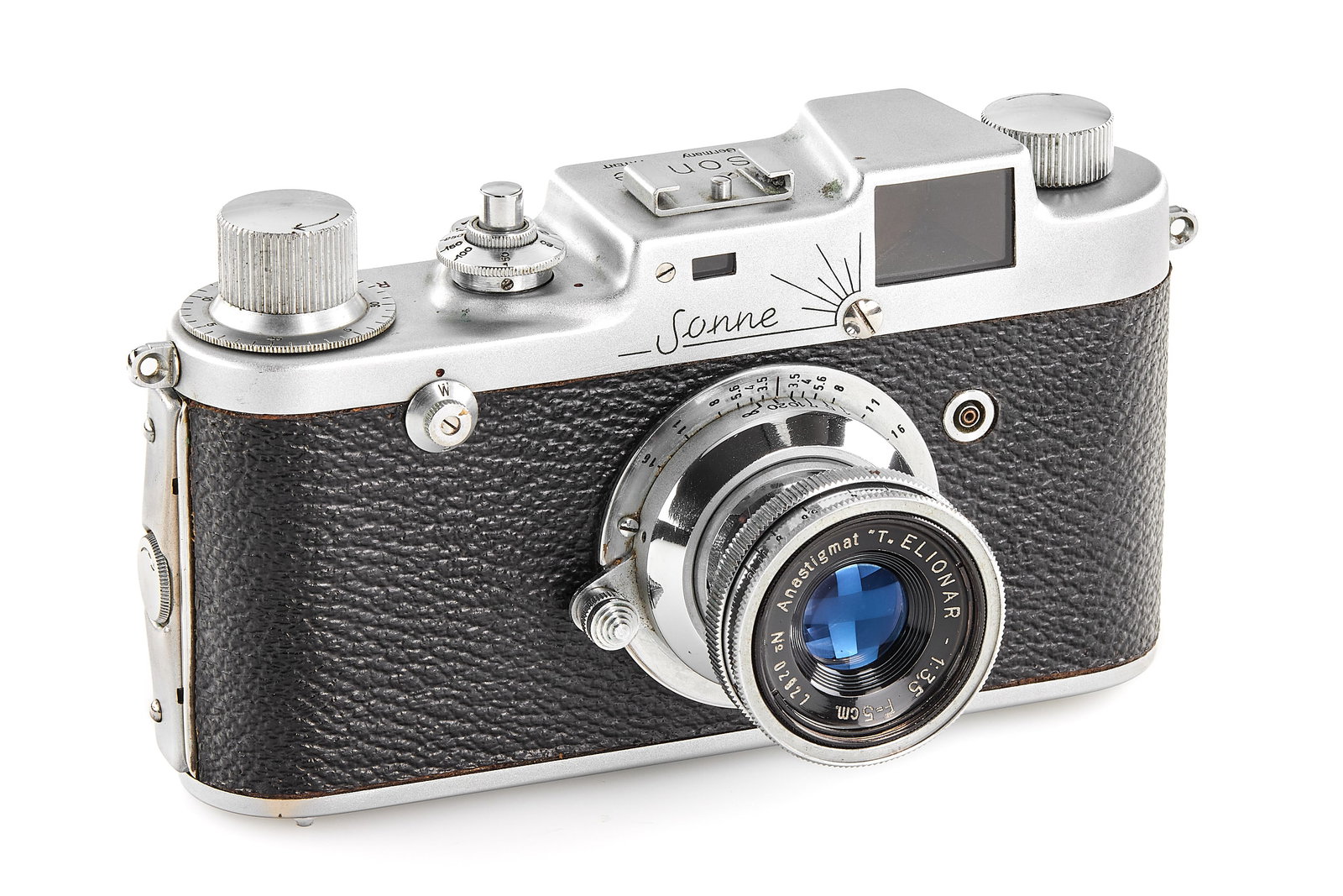 Gatto Italy Sonne C4 *: Very nice Italian Leica copy, rare variation with stylized sun engraved on front, in very good condition, with collapsible Anastigmat "T" Elionar 3.5/5cm no.02927, good coated optics only showing a fe