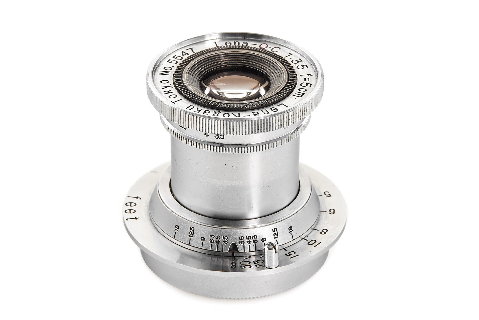 Lena-Kogaku f. Leica M39 Lena-Q.C 3.5/5cm *: Very rare Japanese copy of the Leica Elmar 3.5/5cm for Leica M39 screw mount with coupled rangefinder, engraved “Lena-Kogaku f. Leica M39 Lena-Q.C 3.5/5cm.” Produced by Lena Kogaku, this lens