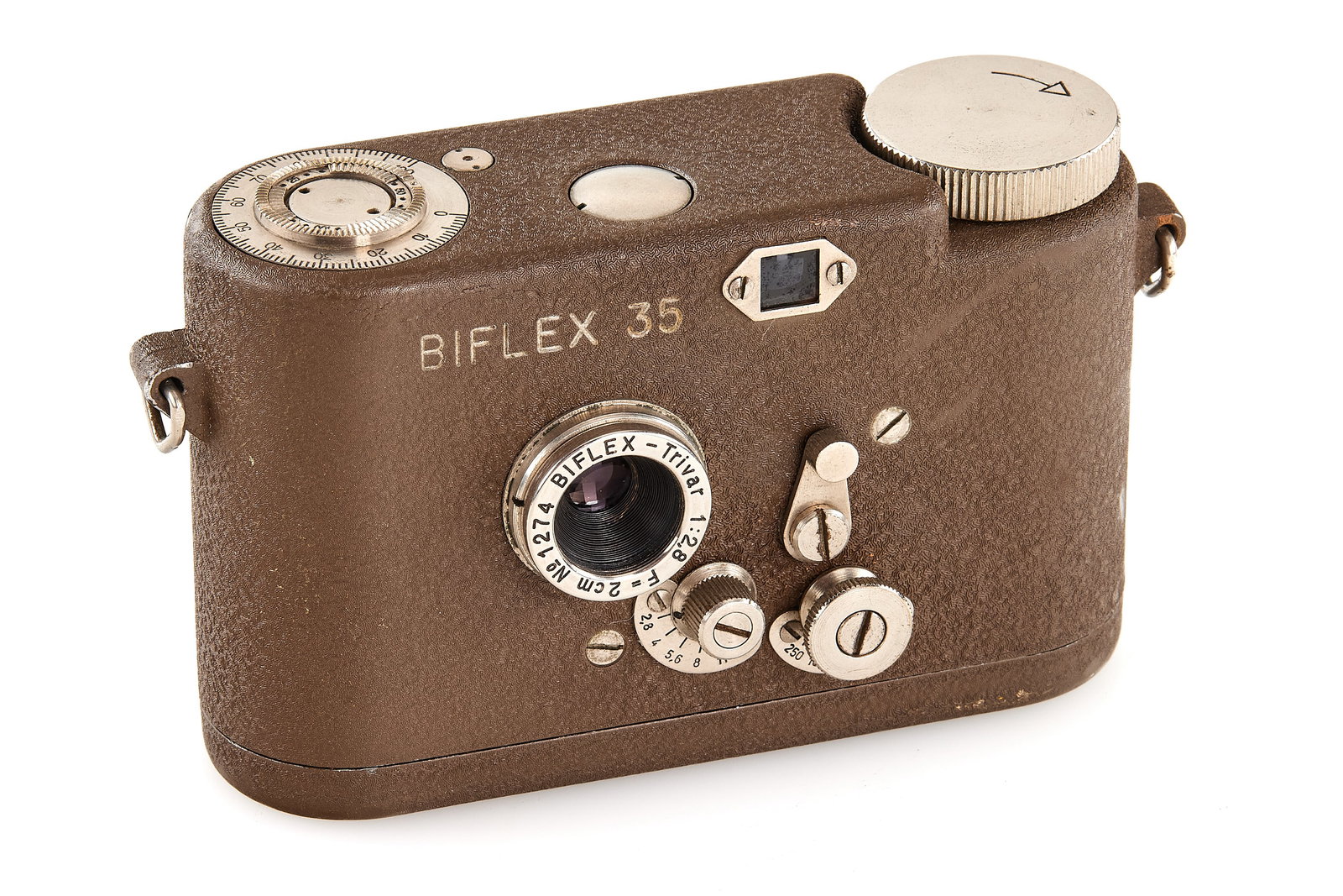 Biflex 35: Very rare Swiss-made subminiature camera designed by Ernst Schmid and Georg Sombold, for 11x11mm exposures on standard 35mm film, with Biflex-Trivar 2.8/2cm no.1274, in very good condition, with