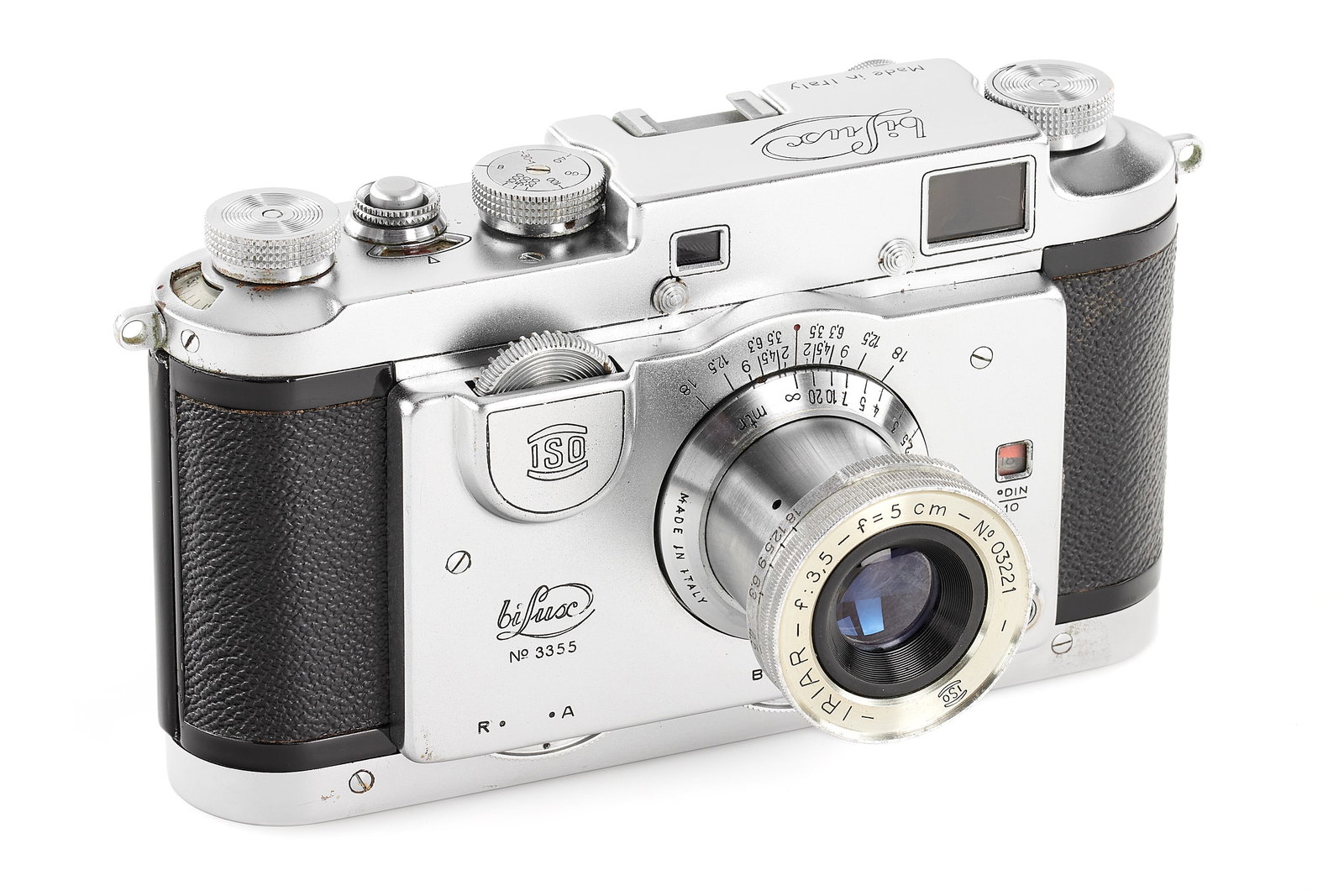 Iso Italy Bilux: Very rare Leica copy made in Italy, identical to the Hensoldt Reporter, with built-in rapid winder, in very good condition (slow speeds not 100% accurate) and RF with light contrast, few spots of