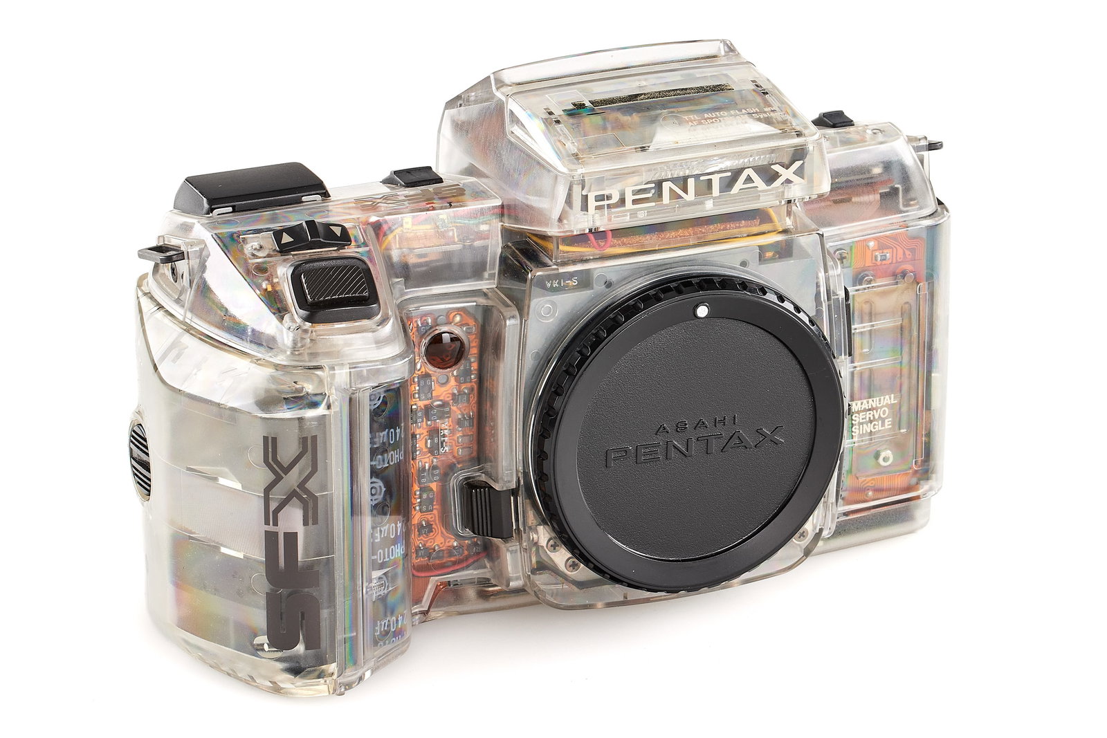 Pentax SFX Transparent Display Model: Very attractive transparent display model of the Pentax SFX, in almost mint condition, shutter not operable, including body cap. SN: 3767852