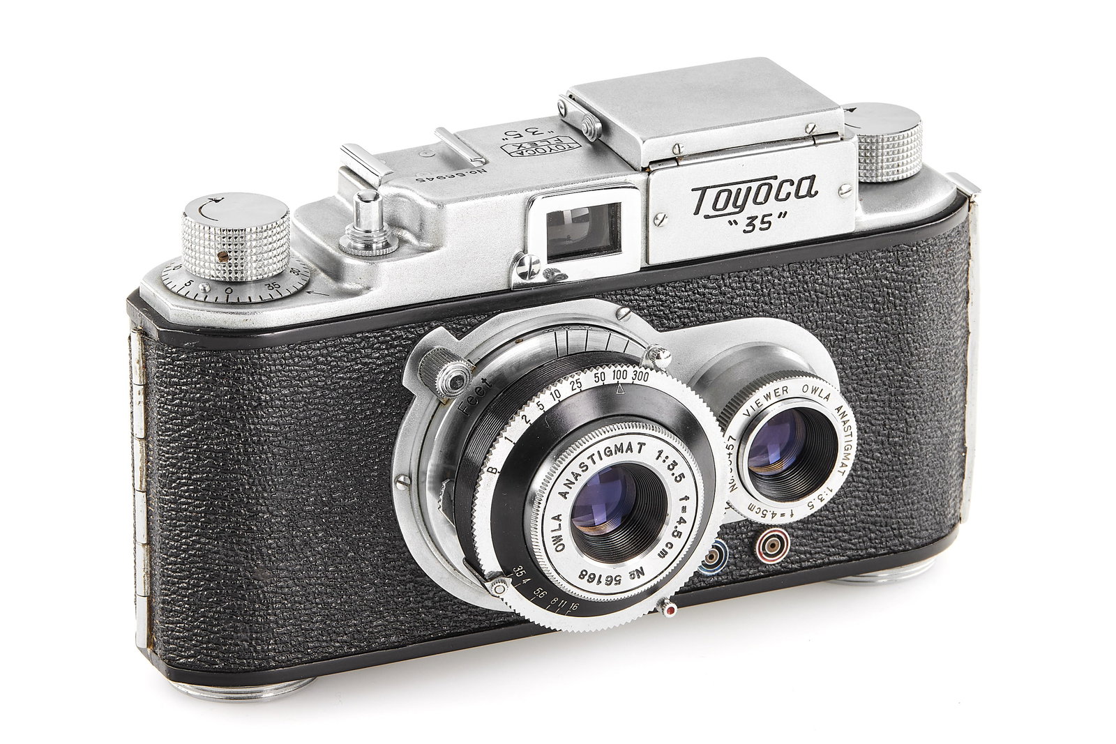 Tougodo Toyoca Flex Toyoca '35': Rare Japanese 35mm side-by-side 35mm TLR camera with Owla Anastigmat 3.5/4.5cm no.56168 mounted in Compur style shutter, with viewing lens Olwa Anastigmat 3.5/4.5cm no.55457, in almost mint
