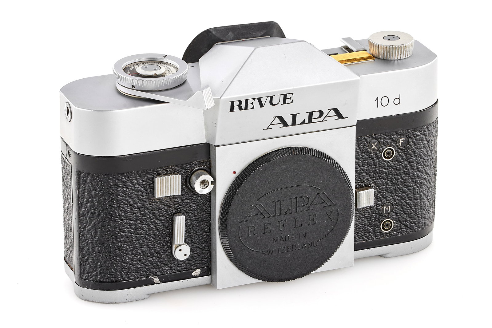 Revue Alpa 10d chrome: Very rare Alpa 10d labeled "Revue", chrome version available at famous German mail-order house Revue (1960s-1980s), only 117 issued, in very good condition, with body caps and matching back. SN: 53096