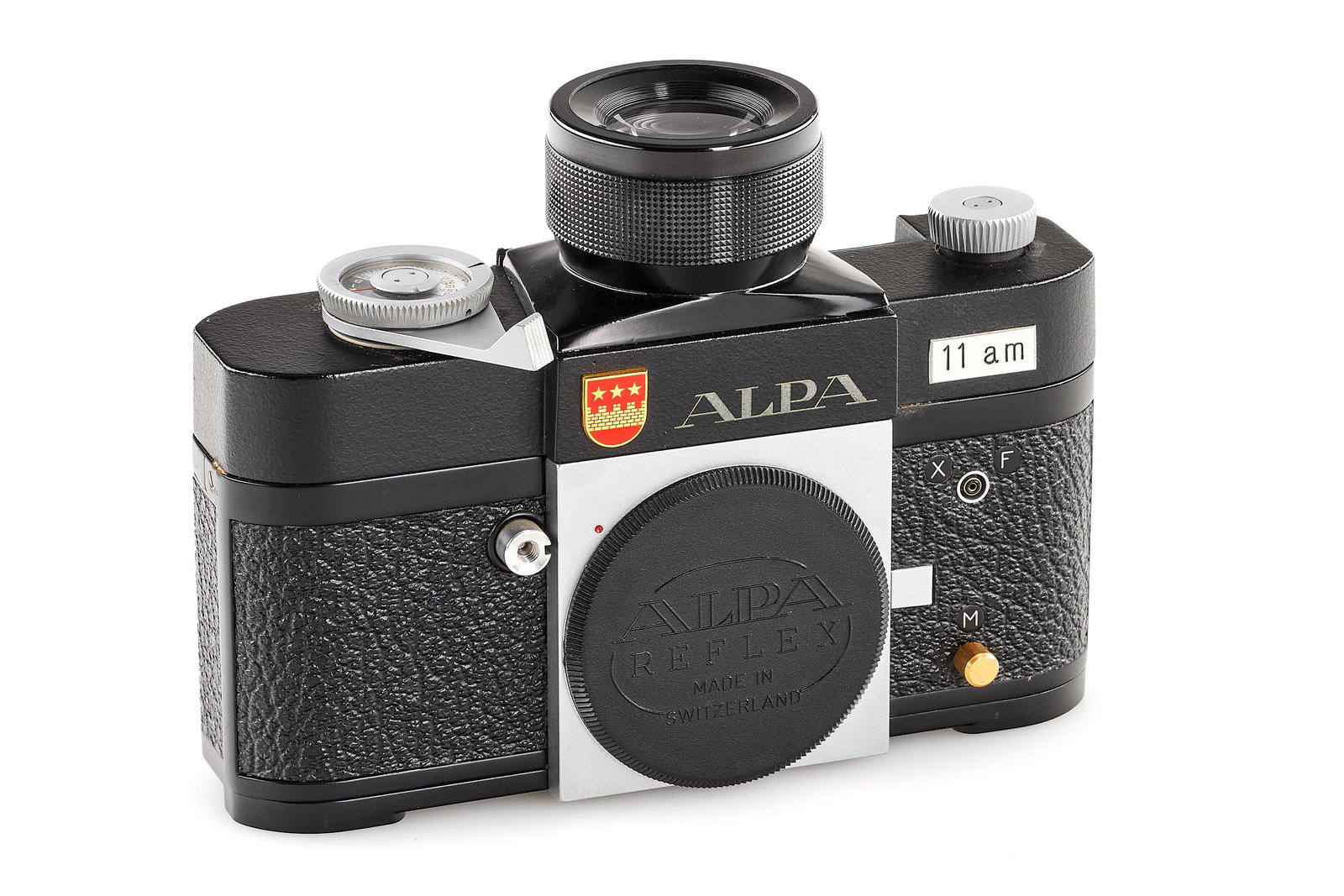 Alpa 11am: Very interesting, probably unique 11p prototype, for scientific purpose, 24x36mm, in almost mint condition, with interchangeable Japanese Miranda 90° finder (not fixed), note the M flash connection b