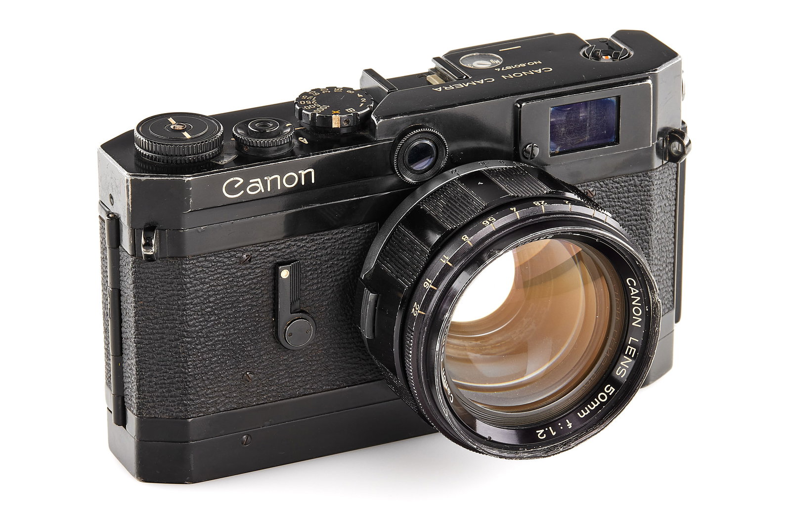 Canon VI-T black paint with 1.2/50mm *: Rare sought-after VI-T in uncommon black finish, in good overall condition. The shutter curtains show some dents but remain fully functional. including a rare matching all-black Canon M39 1.2/50mm no.