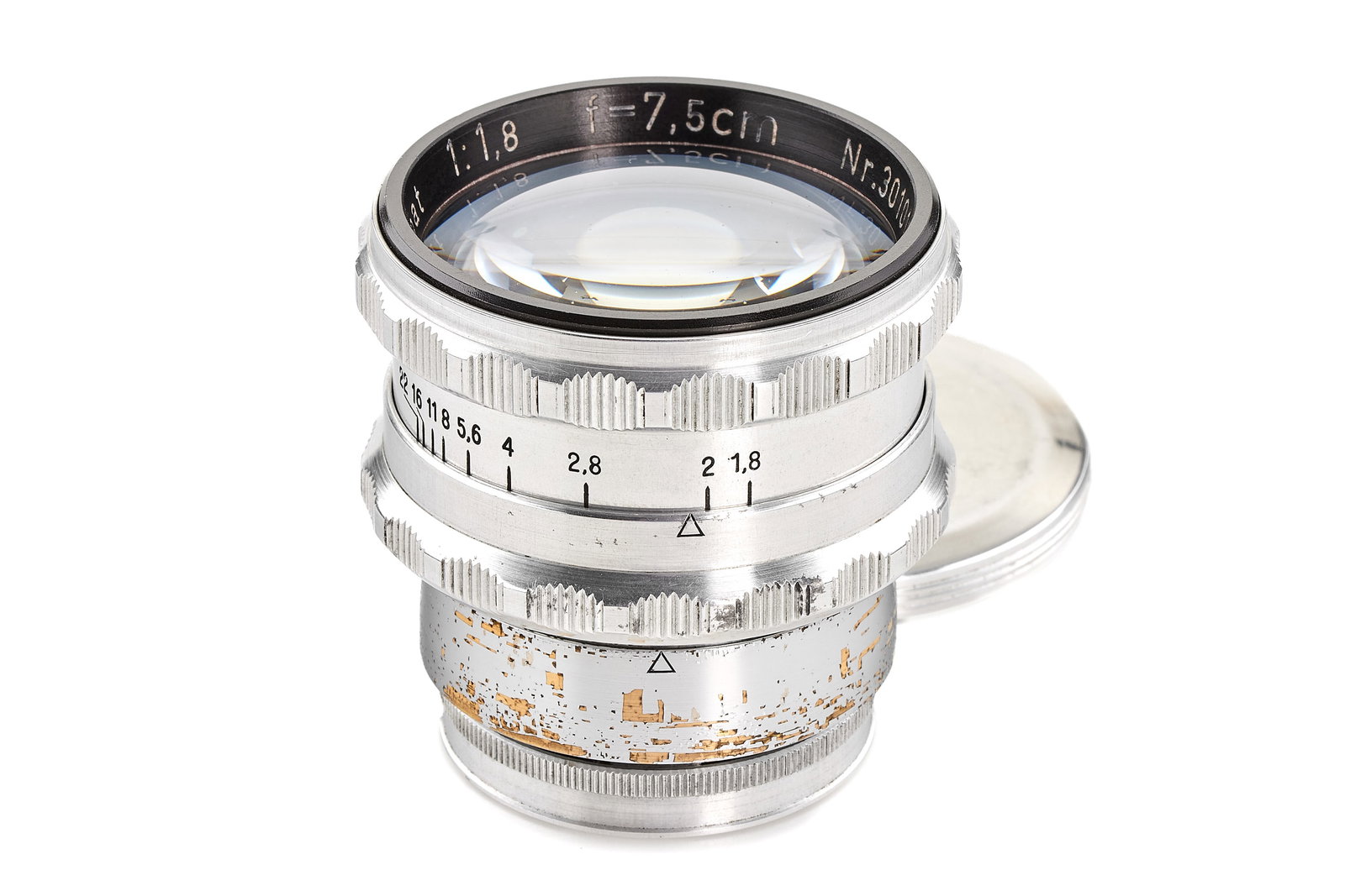 Askania Anastigmat 1.8/7.5cm: Very rare fast cine lens from the famous motion picture camera maker Askania, here adapted in unknown mount, covering full frame, aperture index not fully correct, in good condition, uncoated optics
