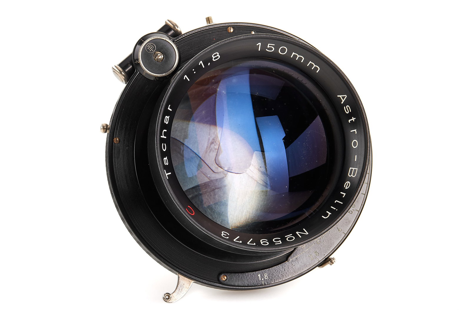 Astro-Berlin C Tachar 1.8/150mm *: Very rare sought-after fast lens in almost mint condition, optics showing spots of corrosion, mounted in Compound shutter, covering 4X5", with original rear lens cap. SN: 59773
