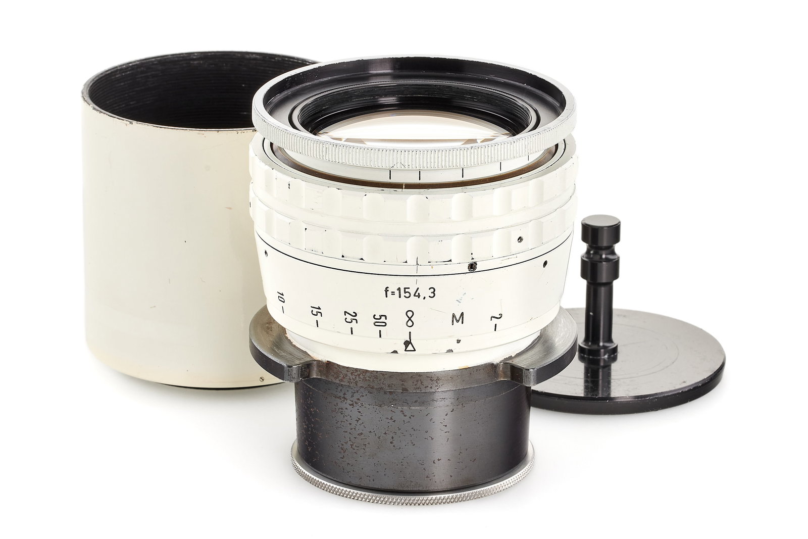 Kinoptik 2.5/150mm French Navy: Rare fast lens made for the French Marine Nationale (Navy) in white finish, with specific, heavy mount, covering 4x5", in very good condition, optics showing some cleaning marks, with both caps and