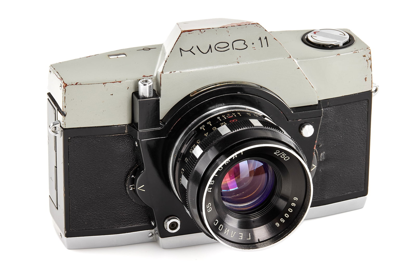 Kiev 11 Grey Paint prototype: The Kiev-11 is an extremely rare prototype SLR developed at the Arsenal factory in Kiev as a successor to the Kiev-10 Automat in the late 1960s. The model retained the distinctive Automat bayonet moun