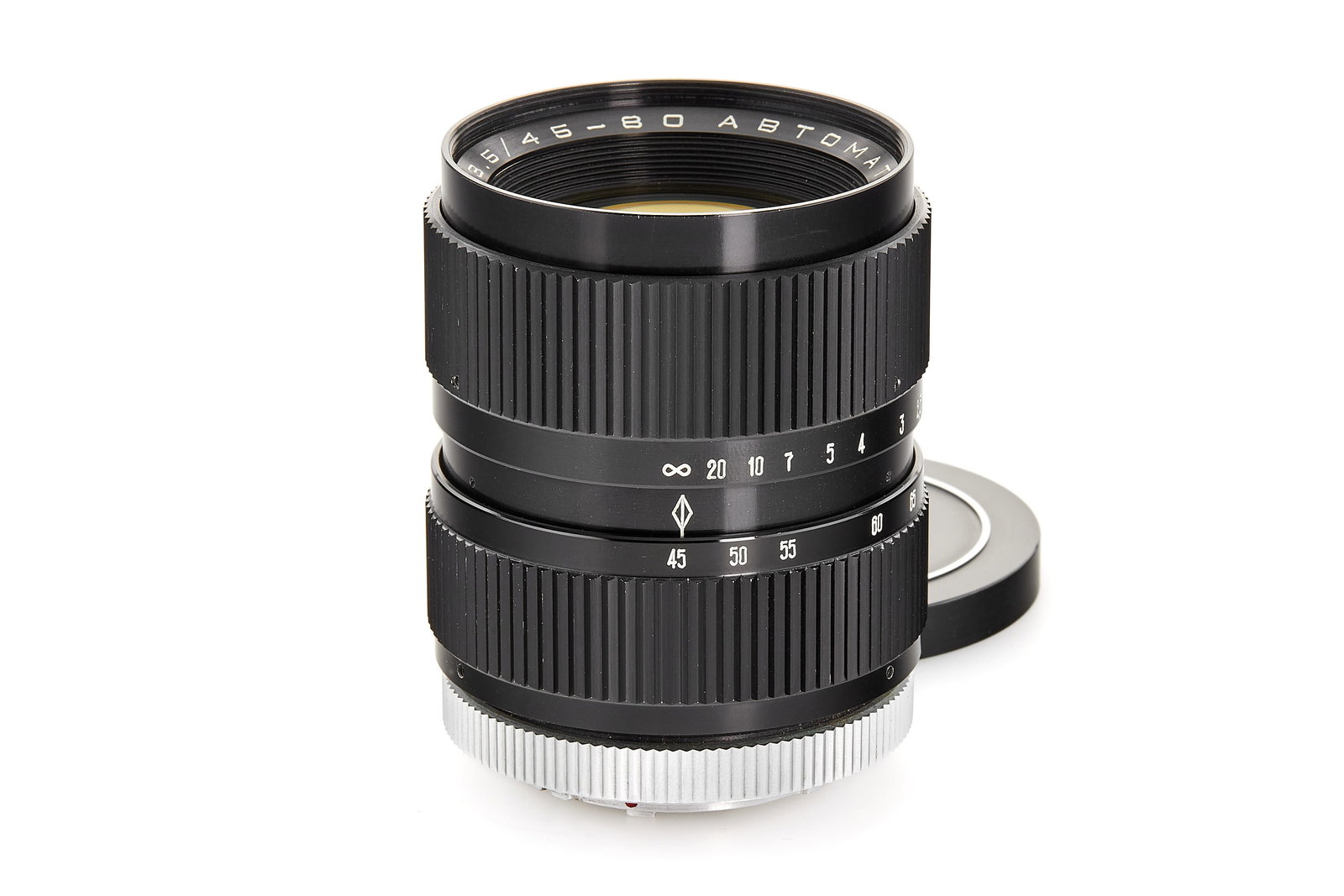 Rubin-2A 3.5/45–80mm Version 2: Early Soviet constant-aperture standard zoom for Kiev SLR cameras, featuring a solid all-metal construction and fully manual operation. The lens is in good cosmetic condition, showing normal signs of 