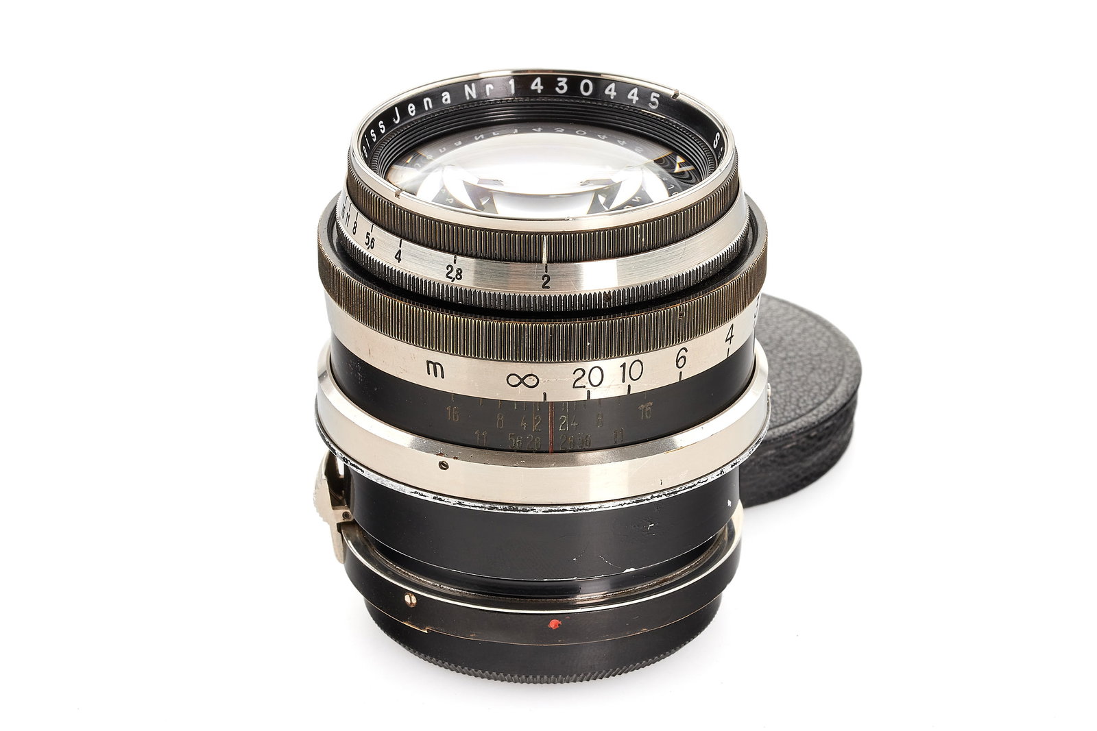 Carl Zeiss Jena f. Contax Sonnar 2/8.5cm: Extremely early black/nickel fast portrait lens for Contax, from the first batch of production (nos.1430351-1430550), in good condition, very good optics, including both caps. SN: 1430445