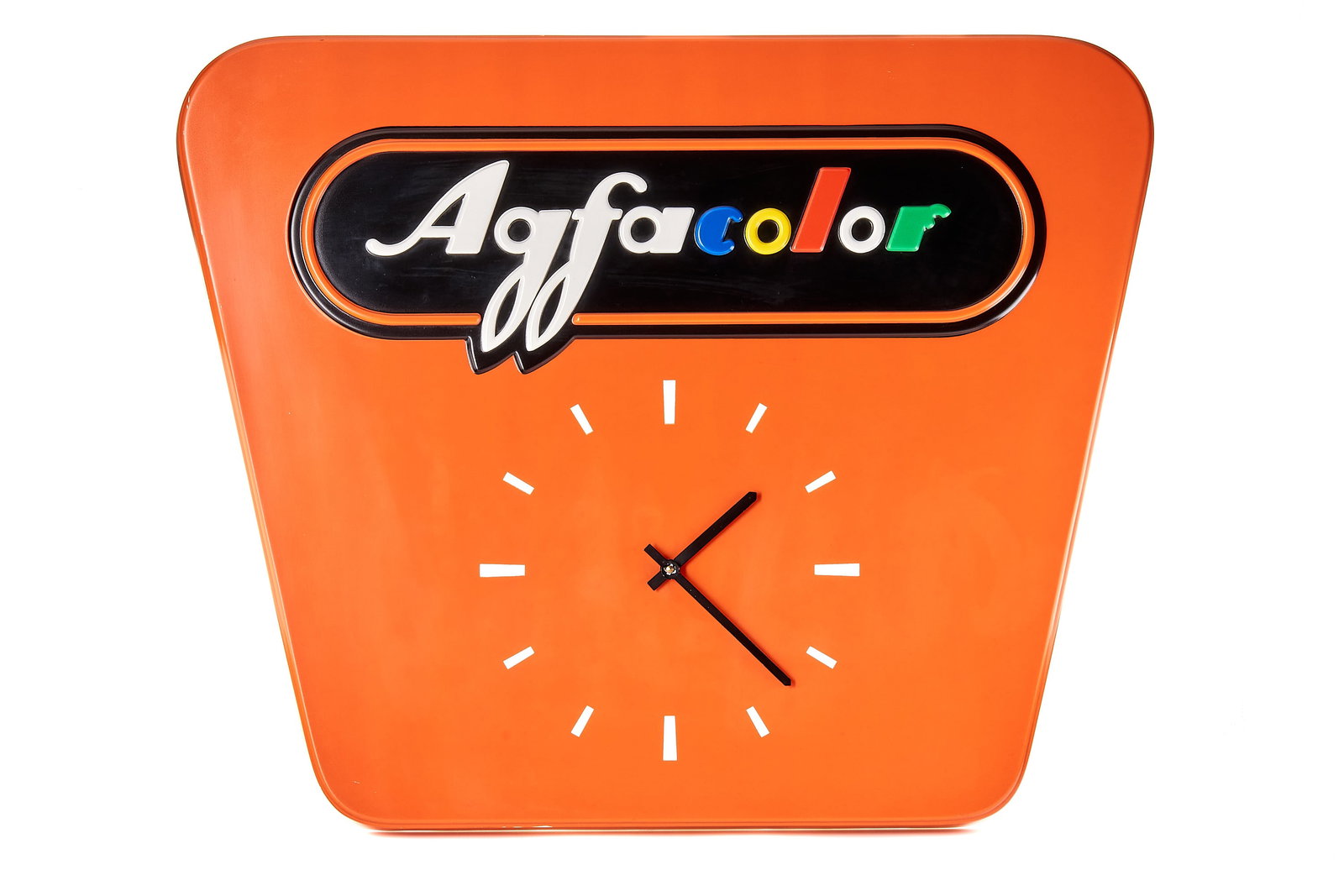 Agfa Advertising Clock: Beautiful Agfa advertising wall clock, ca. 78x63x7cm, printed plastic with Jungans quartz movement (from the 1980s), in almost mint condition and working order.