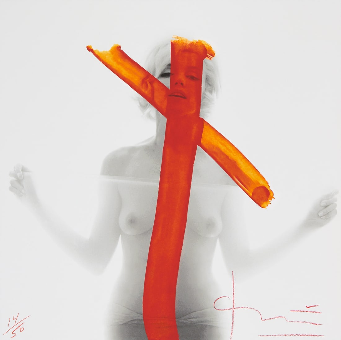 BERT STERN (1929–2013) - Marilyn Monroe, Crucifix II from "The Last Sitting", Los Angeles 1962: Archival pigment print, printed 2011 58,3 x 58,3 cm (23 x 23 in) Signed and numbered by the photographer in red pencil in the lower image, photographer´s stamp and signed by the photographer on the r