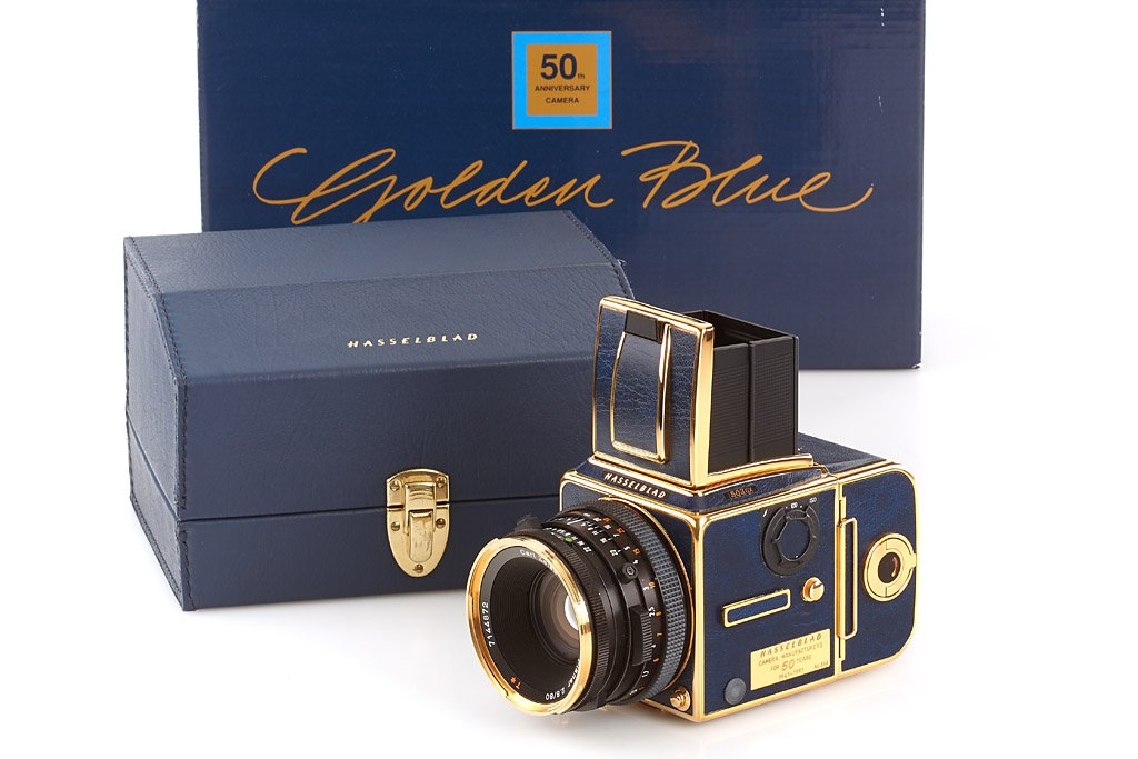 Hasselblad 503CX Golden Blue: brand new special edition for the 50th anniversary of Hasselblad company, complete with lens, all accessories, papers, special leather presentation box, maker's box, no. 568