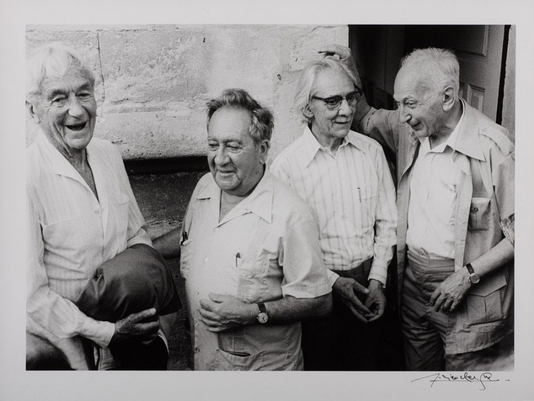 LUCIEN CLERGUE (* 1934): Jacques-Henri Lartigue, Aaron Siskind, Manuel Álvarez Bravo, André Kertész, Arles 1979, Gelatin silver print, printed 1986 25 x 35,3 cm (9.8 x 13.9 in) Signed by the photographer in ink in the marg