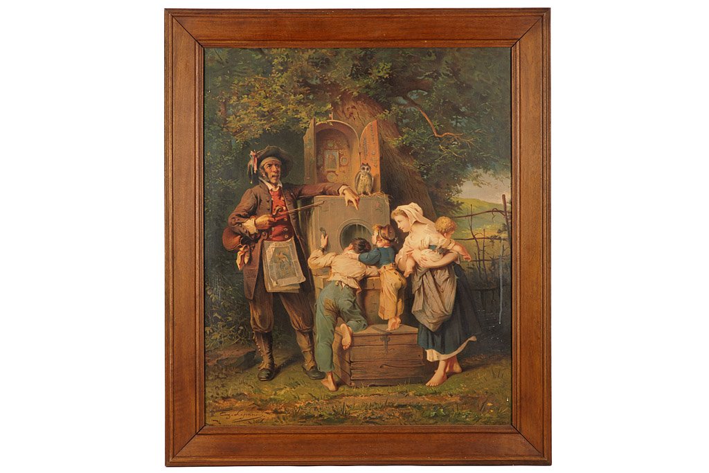 Chromolithography 'Peepshow Traveller': chromolithography of a travelling showman with his peepshow box standing under a tree with a mother and her three children watching the scenes, in wooden frame, c.79x93cm, c.1880