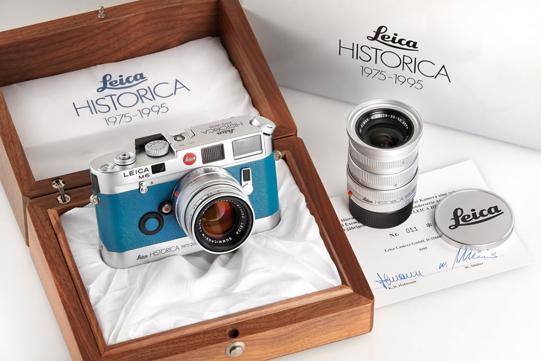 Leica M6 Historica Set, c. 1995, no.011-150: A complete Leica Historica commemorative set, including the special edition Leica M6 with 50 mm Summicron no. 011-150, matching 28-35-50 mm TRI-Elmar f/4 ASPH. (11900) no. 3891004 and Leicavit M (1445