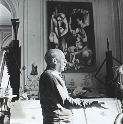 FRANZ HUBMANN (1914–2007): Pablo Picasso, Villa La Californie, Cannes 1957, Vintage silver print , 18 x 17,7 cm, Photographer's early studio stamp and his later copyright stamp on the reverse, annotated by him in ink on the rev