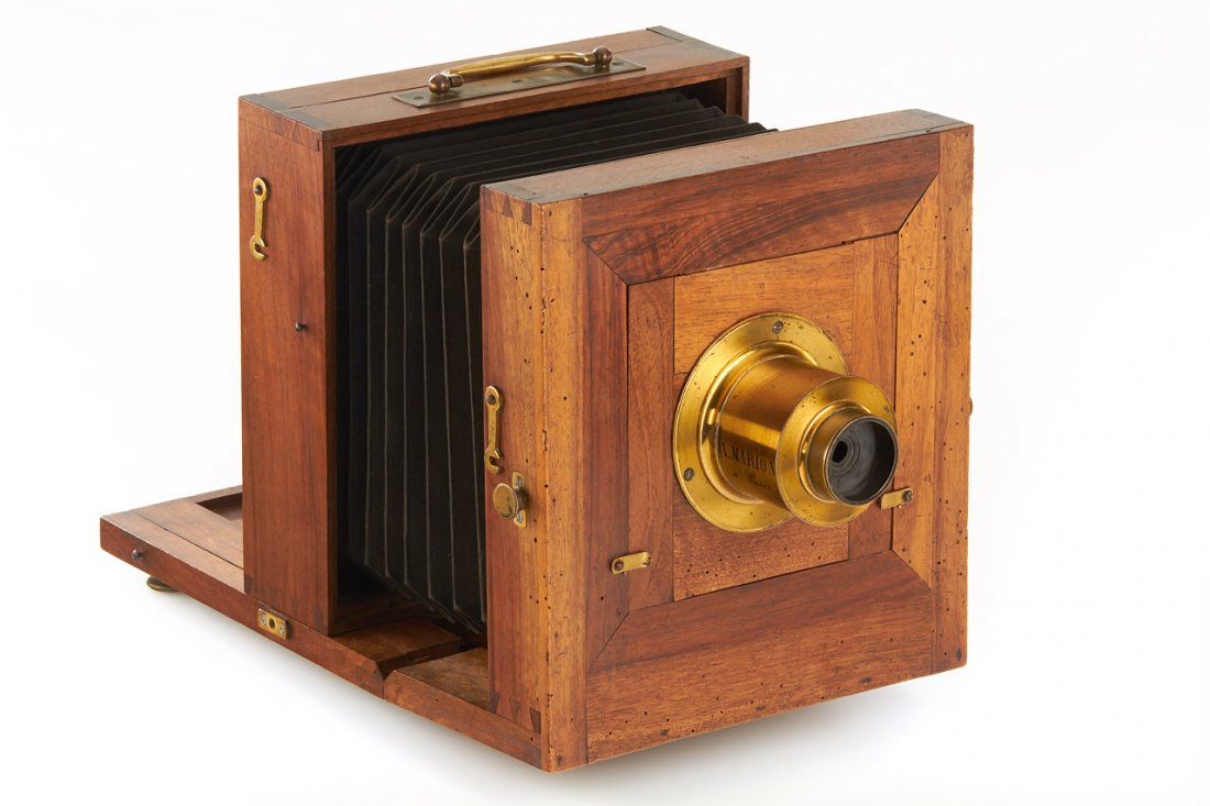 French Wet Plate Camera: unmarked French wooden wet-plate camera in very good original condition, plate size 12x12cm, brass fittings, original bellows, with 'A. Marion a Paris' brass meniscus lens in good original condition,